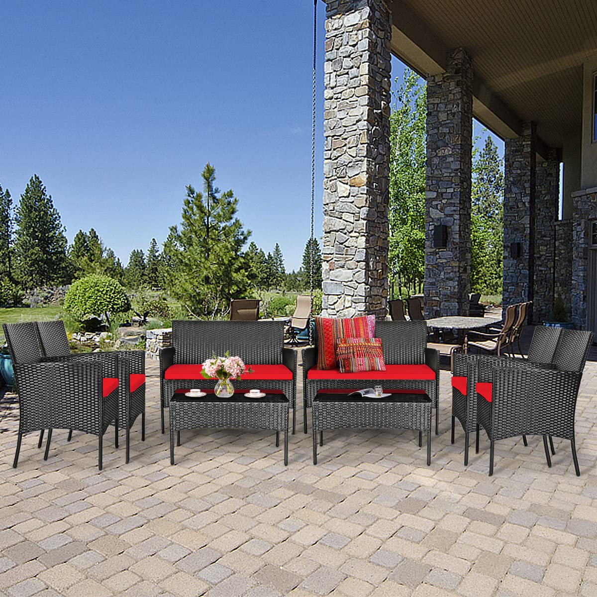 8-Piece Outdoor Patio Furniture Set - Rattan Wicker Conversation Sofa with Tempered Glass Table & Removable Cushions - Perfect for Poolside, Garden, Backyard, and Patio Relaxation