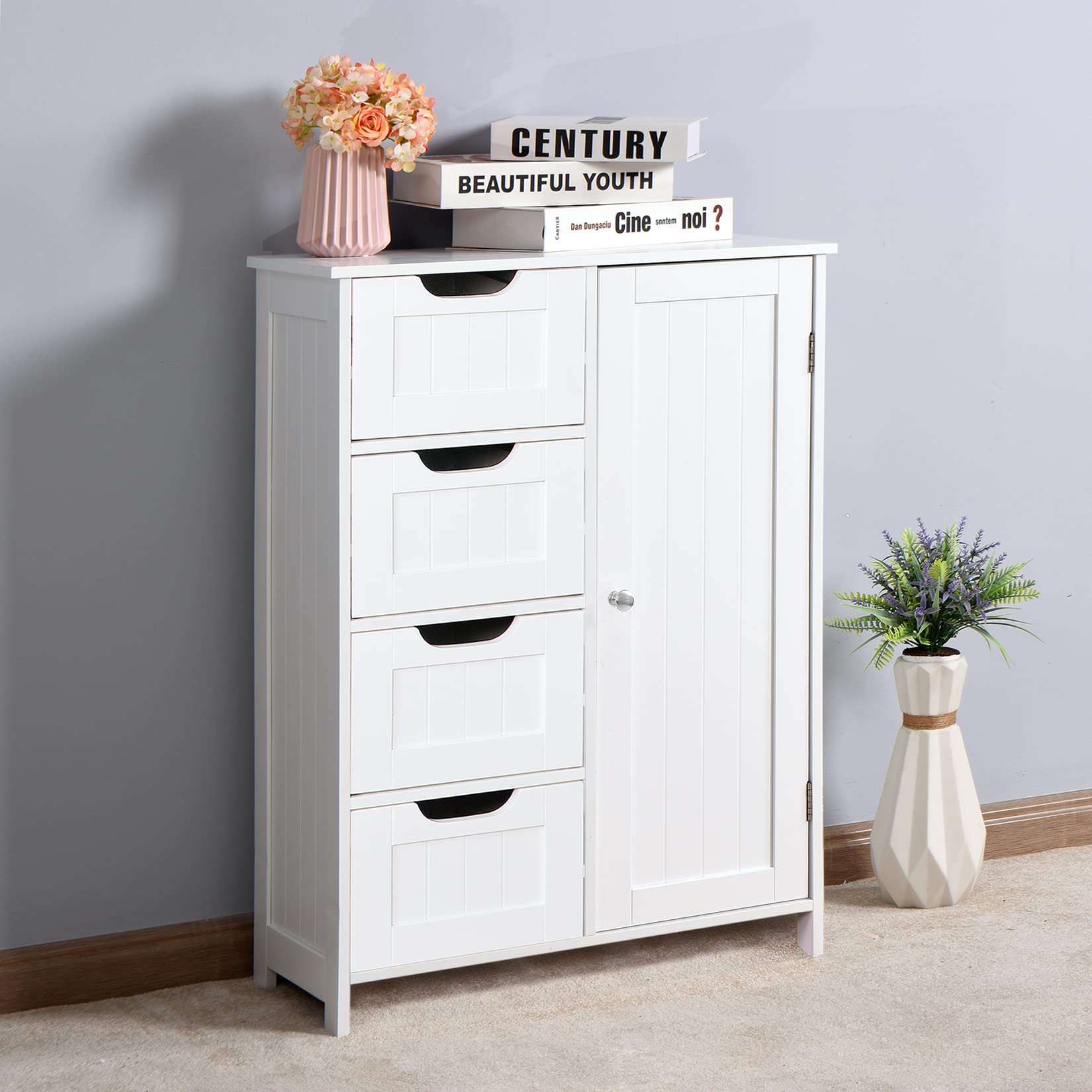 White Wooden Bathroom Storage Cabinet with 4 Drawers & Cupboard - Freestanding Floor Organizer for Entryway, Living Room & Bedroom - Bathroom Furniture & Home Decor Storage Solution