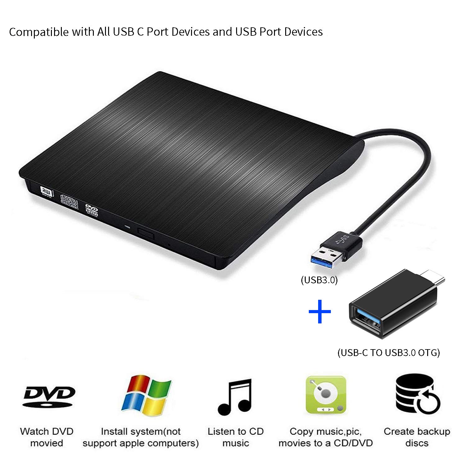YMY Ultra-Thin Portable External CD DVD Drive - USB 3.0 & USB-C 2-in-1 DVD Recorder Player for Windows Mac iOS - Compatible with Laptop Desktop PC - Perfect for Watching Movies, Burning CDs & Data Backup (Black)