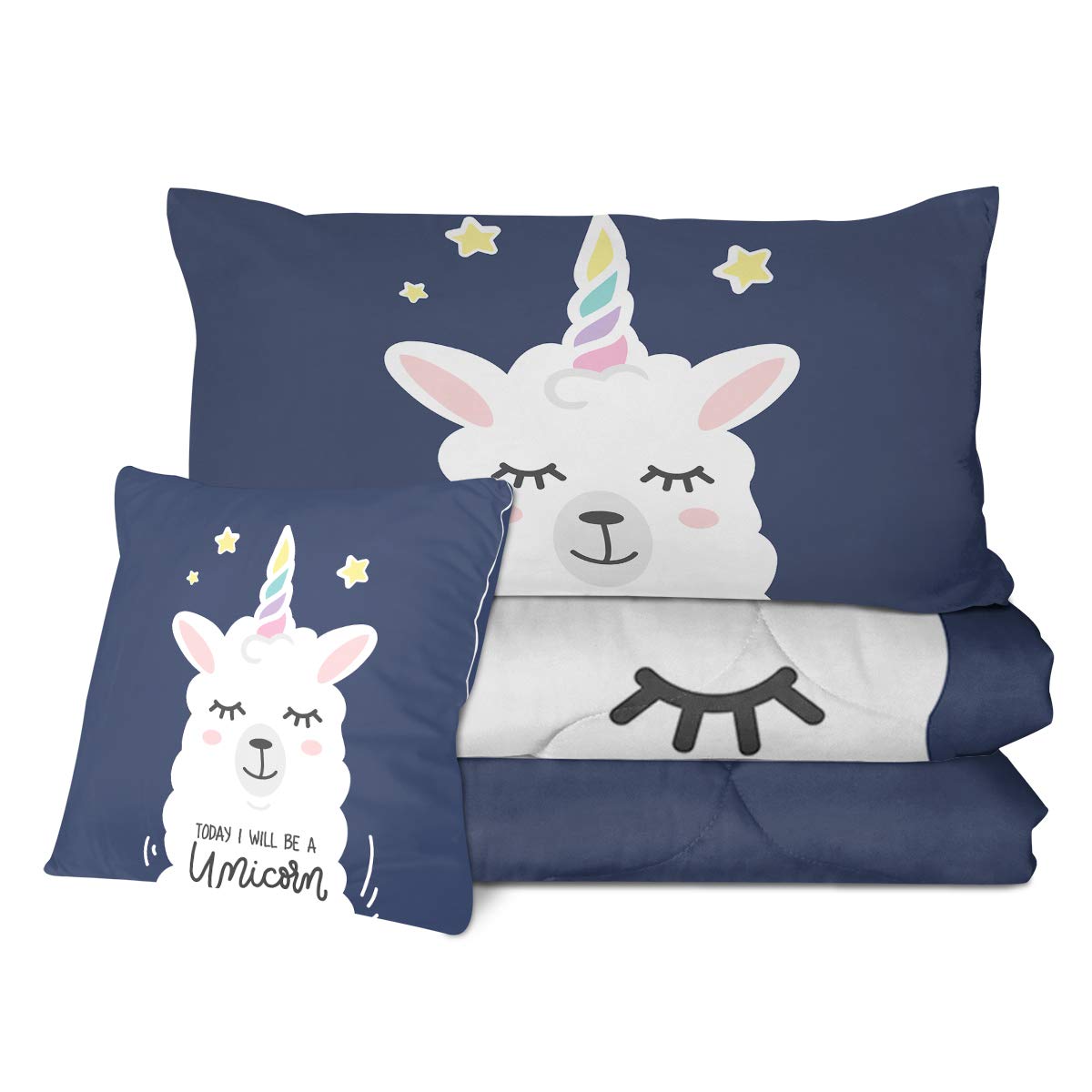 Sleepwish 4-Piece Full Bedding Set - Soft Llama & Unicorn Printed Comforter for Kids & Adults | All-Season Navy Blue Cartoon Alpaca Design | Perfect for Bedrooms, Dorms & Cozy Nights