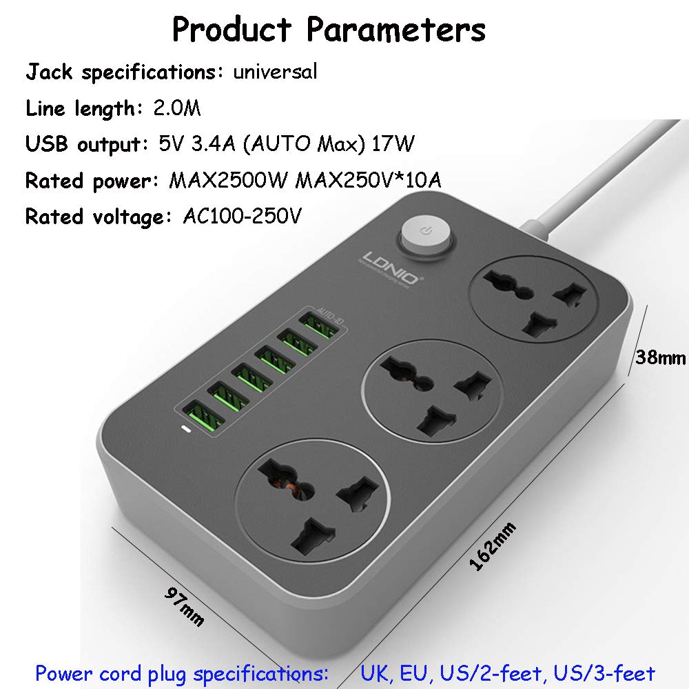 Universal Power Strip with 3 Outlets & 6 USB Ports - 2m Extension Cord with EU Plug for Home, Office & Travel Charging Multiple Devices Simultaneously