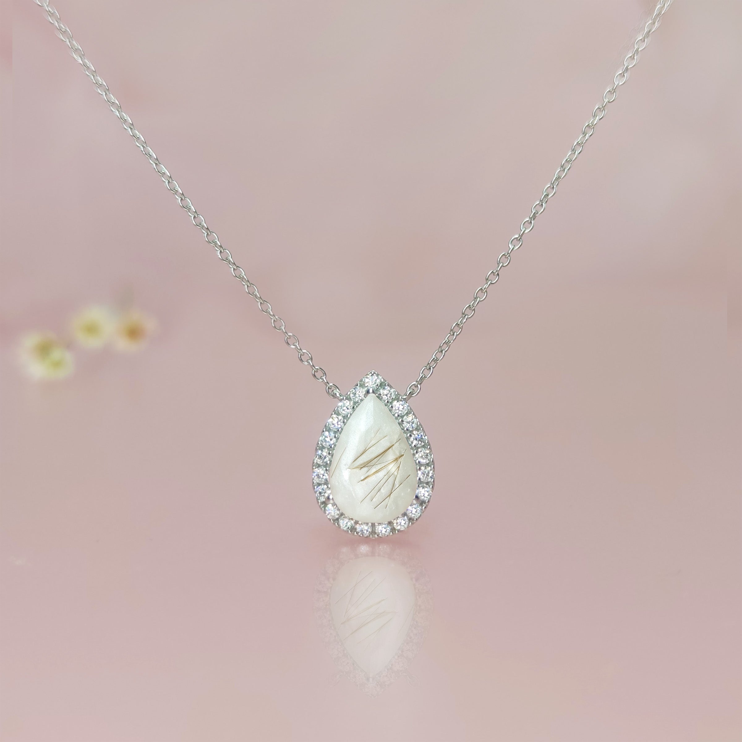 Solid Gold Teardrop Halo Necklace with Hair/Fur Keepsake - Elegant Memorial Jewelry for Ashes, Pet Fur or Loved One's Hair - Perfect for Gifts, Remembrance & Special Occasions