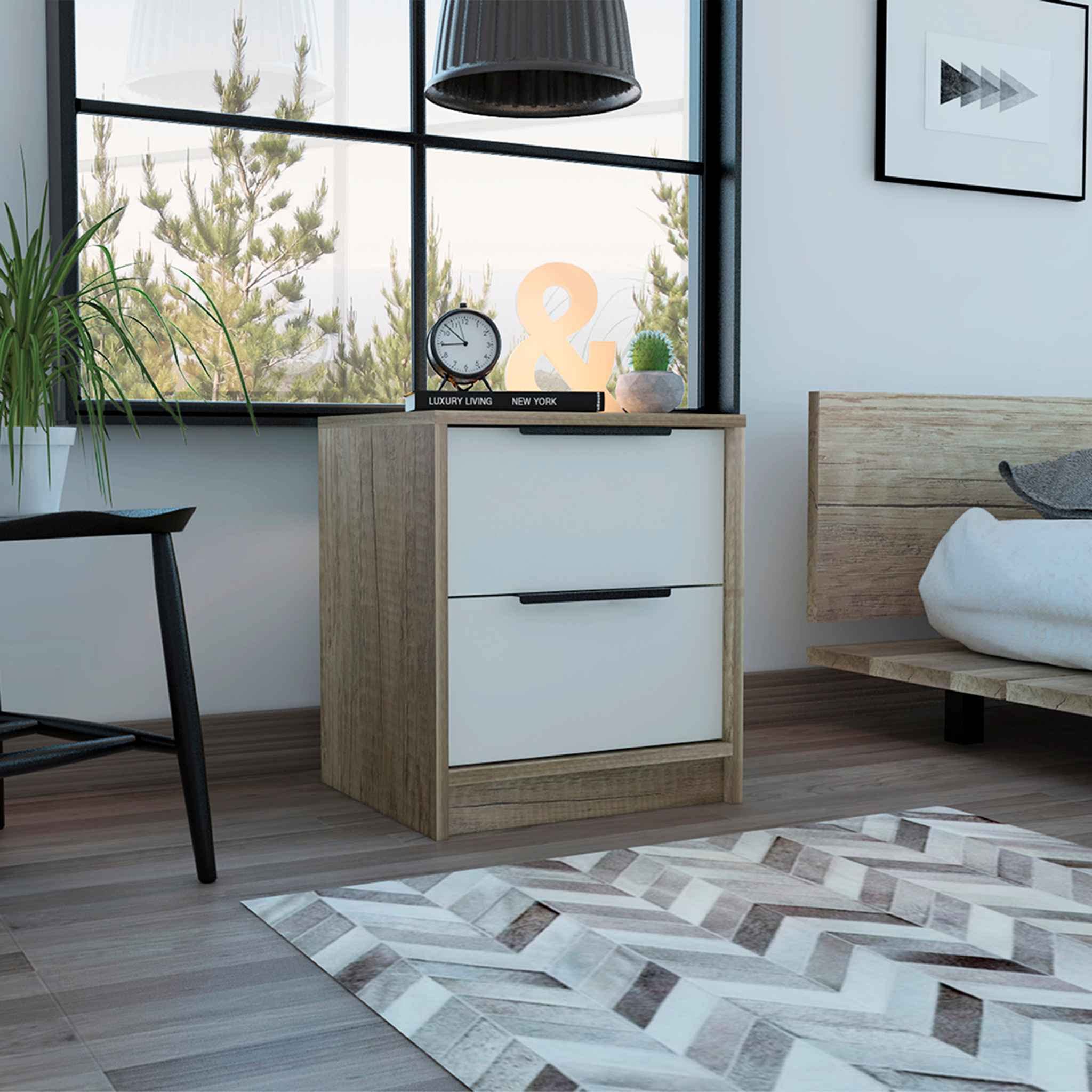 Washington Nightstand with 2 Large Drawers and Metal Handles - White/Light Oak Finish - Perfect for Bedroom, Guest Room or Nursery Storage