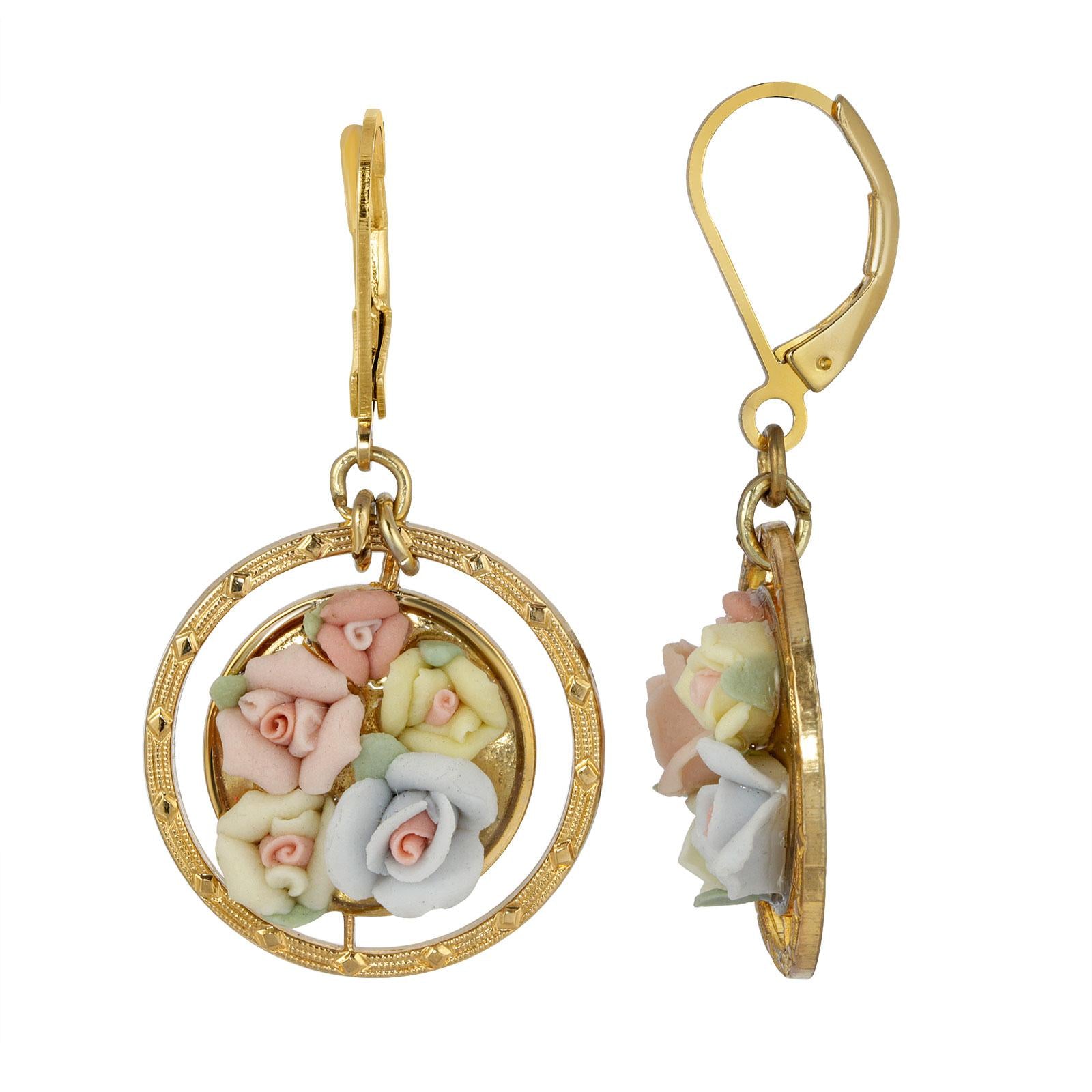 1928 Vintage Multicolor Porcelain Rose Drop Earrings - Handmade Floral Dangle Earrings for Women, Perfect for Weddings, Parties & Special Occasions