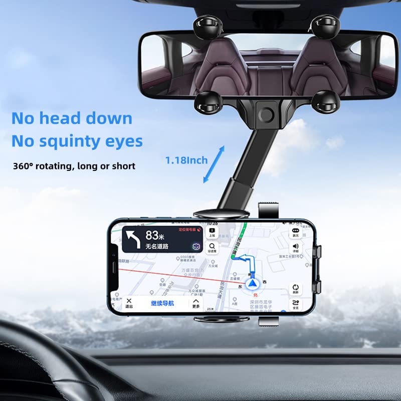 360° Rotatable & Retractable Car Phone Mount - Adjustable Rearview Mirror Phone Holder for iPhone & Android - Perfect for GPS Navigation, Hands-Free Calls & Road Trips