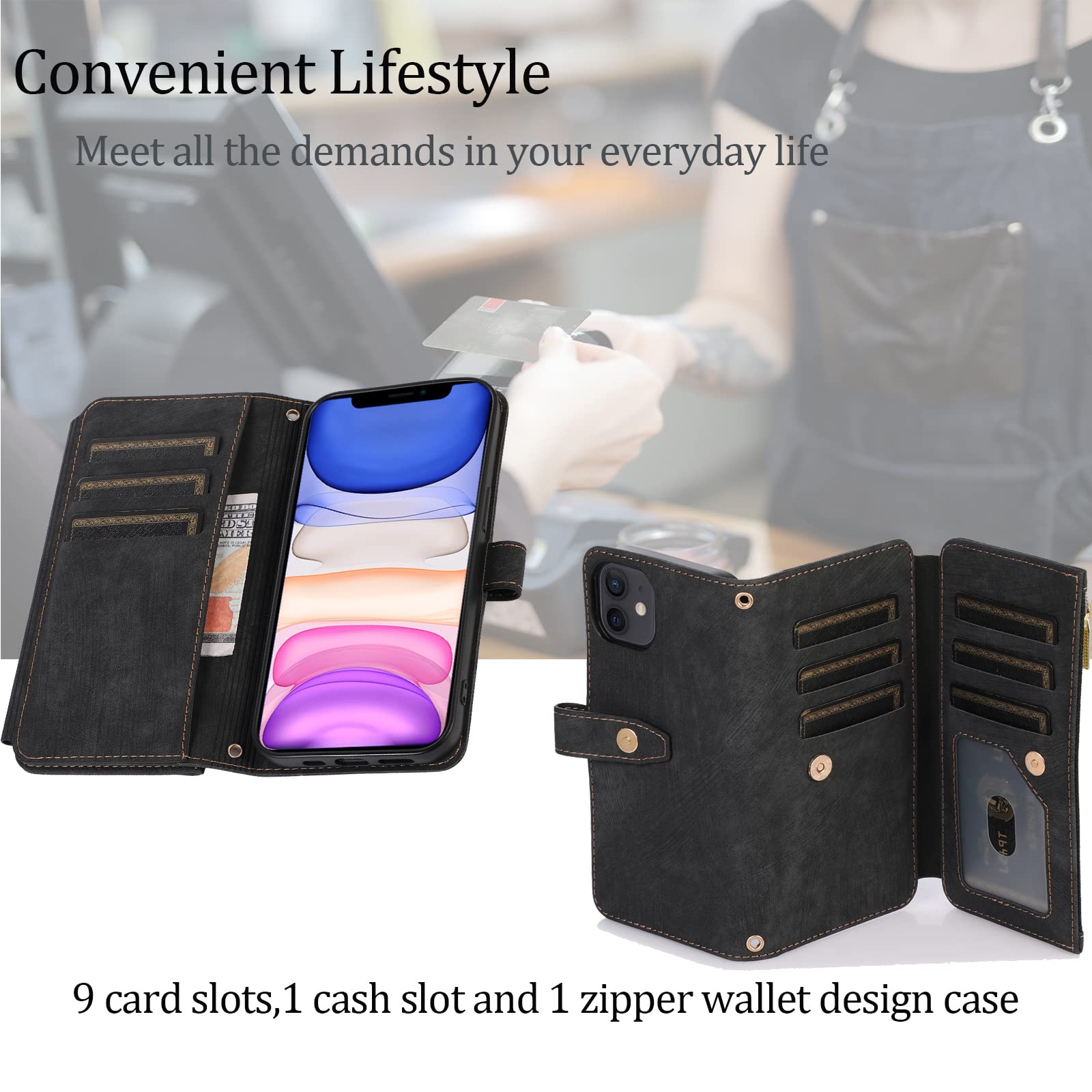 Premium Leather Zipper Wallet Case with Wrist Strap for iPhone SE 2022/2020/iPhone 7/iPhone 8 - Black | RFID Blocking Flip Cover for Cards & Cash | Perfect for Travel, Shopping & Daily Use