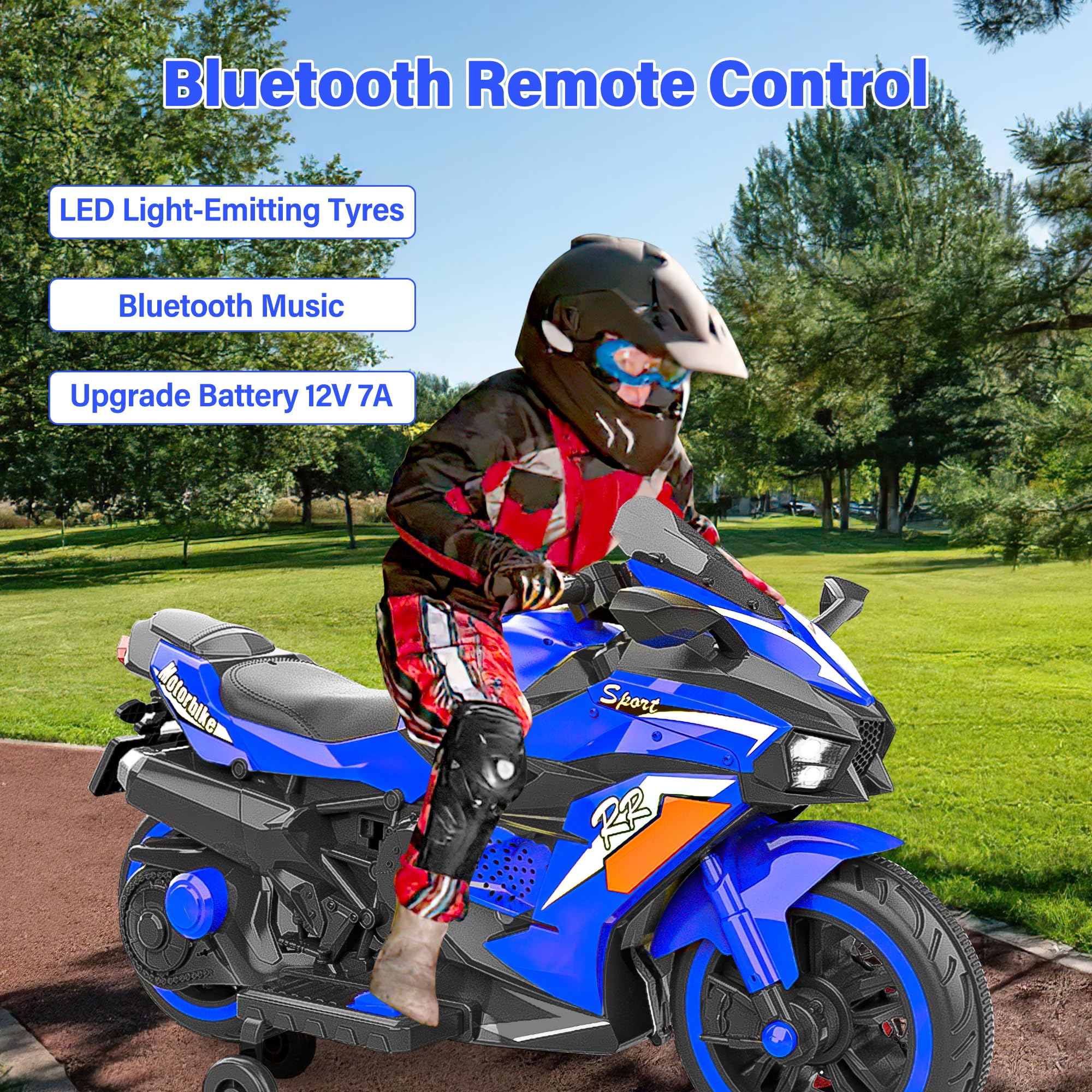 WIIS'IDEA 12V Electric Kids Motorcycle - Battery Powered Ride On Bike for Boys & Girls Ages 3-6 | 2 Wheels with Hand Racing, Foot Brake, LED Lights & PU Seat | Outdoor Play, Birthday Gift, Christmas Present (Blue)