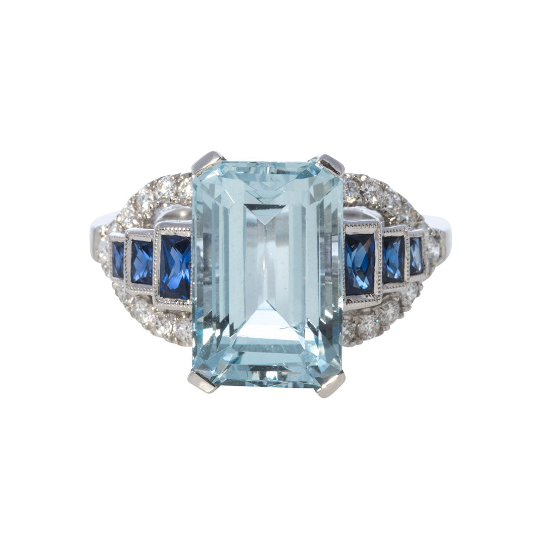 Exquisite 18K White Gold Ring with Aquamarine, Sapphire & Diamonds | Elegant Jewelry for Women | Perfect for Weddings, Anniversaries & Special Occasions