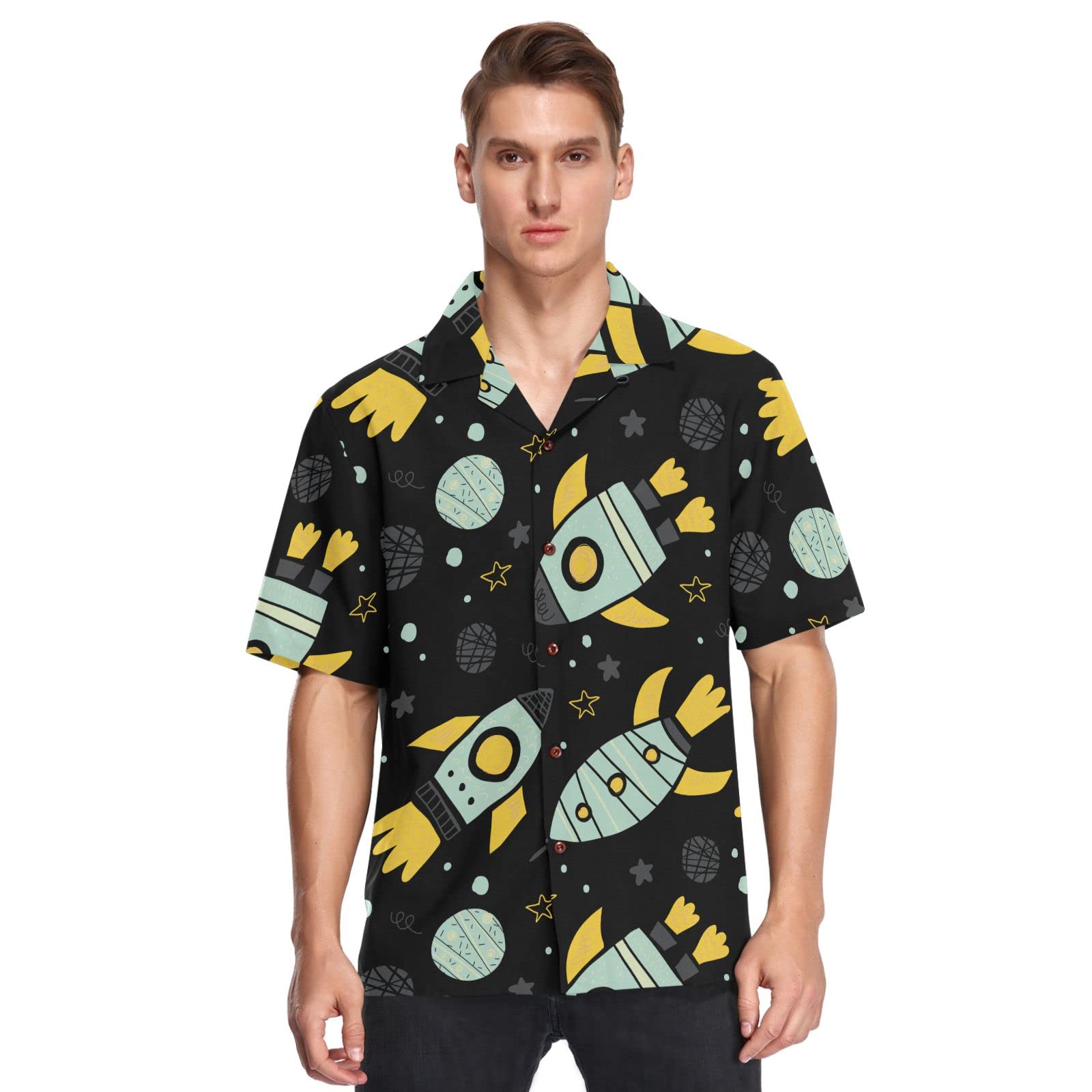 ALAZA Men's Space Rocket Star Planets Quick Dry Hawaiian Shirt - Lightweight Breathable Short Sleeve Button Up for Summer Beach Vacation, Pool Party & Casual Outings