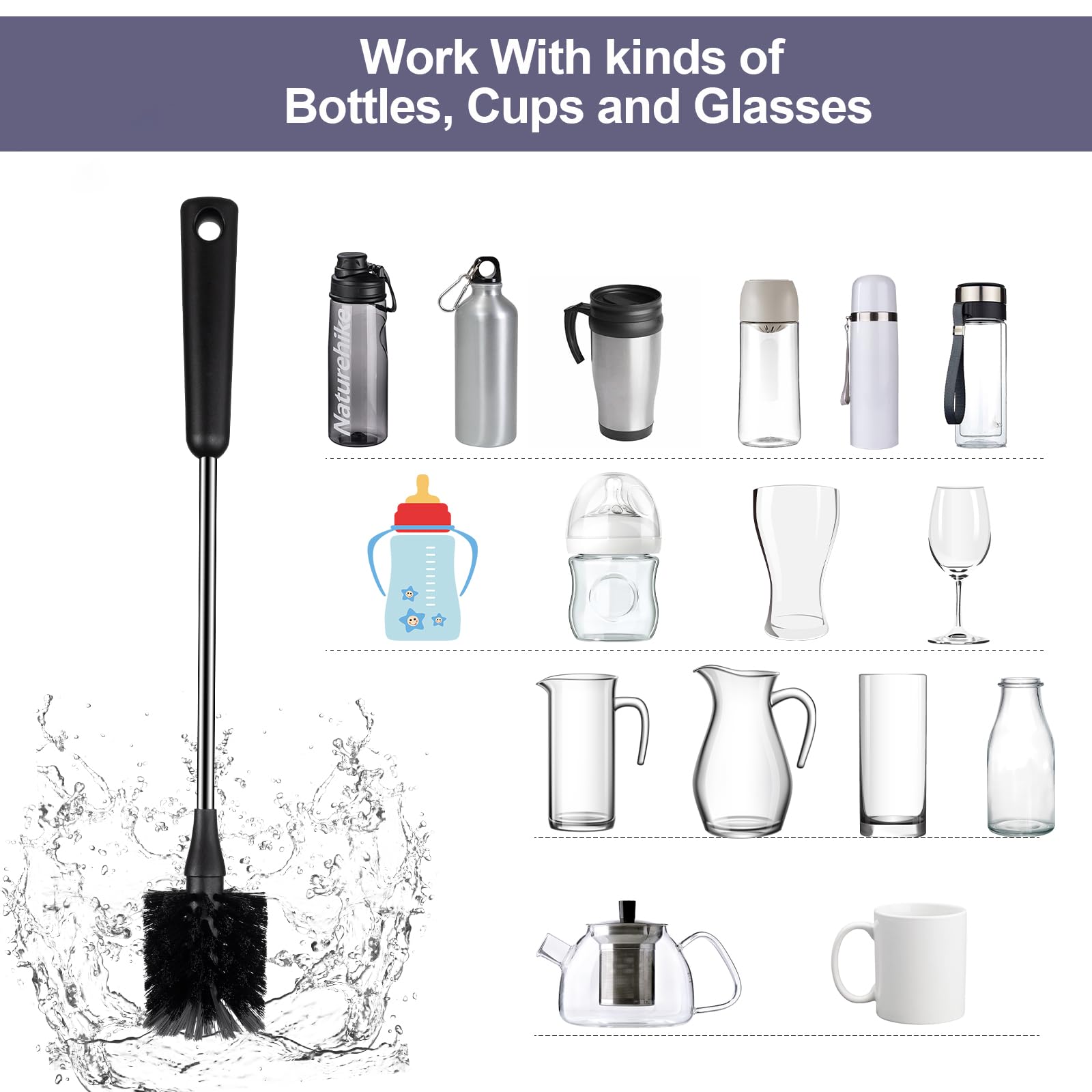 2-Pack Stainless Steel Long Handle Bottle Cleaning Brushes - Durable Scrub Brush for Baby Bottles, Sports Bottles, Coffee Mugs, Wine Decanters & Glassware - Perfect for Kitchen, Camping & Travel Use