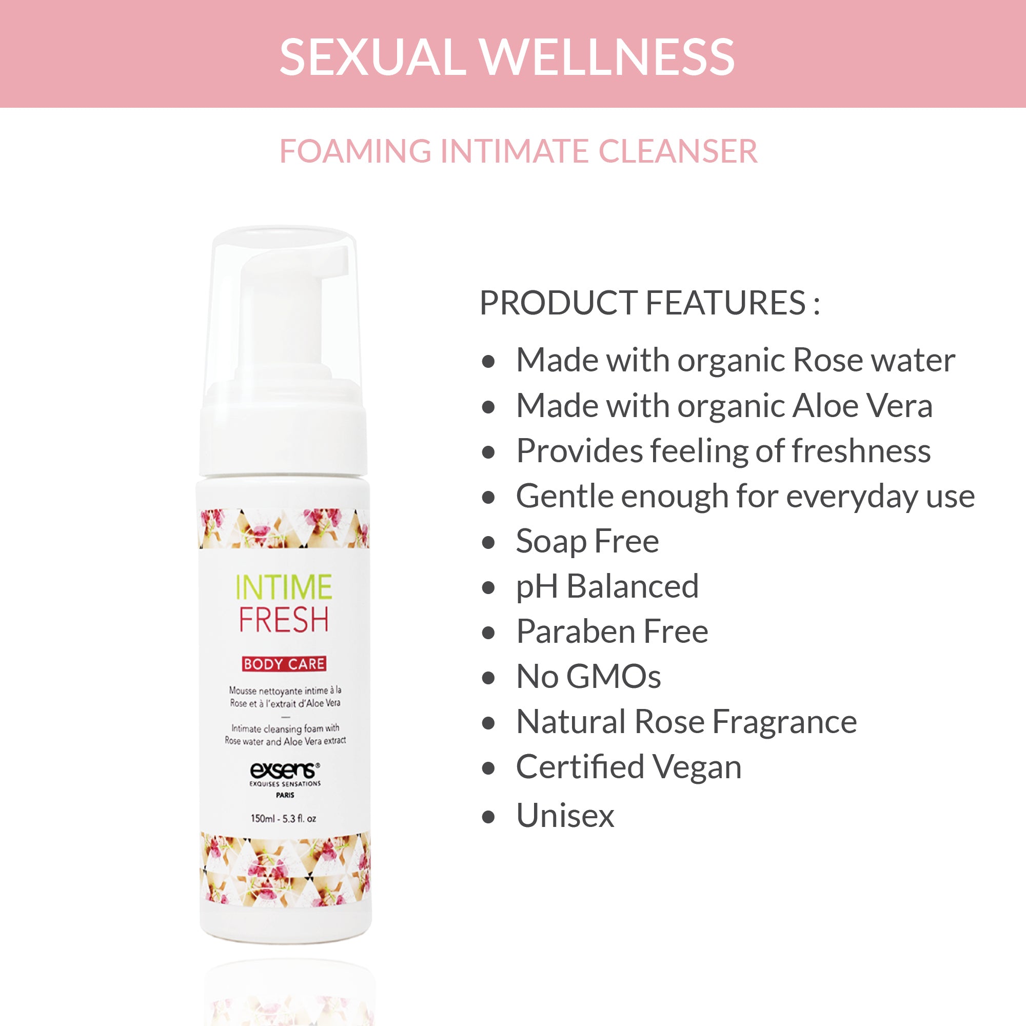 Exsens Intime Fresh Intimate Cleansing Foam for Women - 150ml (5.3 fl.oz) | pH-Balanced, Gentle & Soothing Feminine Wash | Daily Hygiene & Post-Workout Care