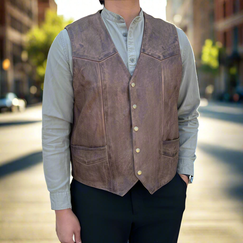 Men's Cow Leather Vest - Classic Snap Closure & Front Pockets for Motorcycle Riding, Outdoor Adventures & Casual Wear