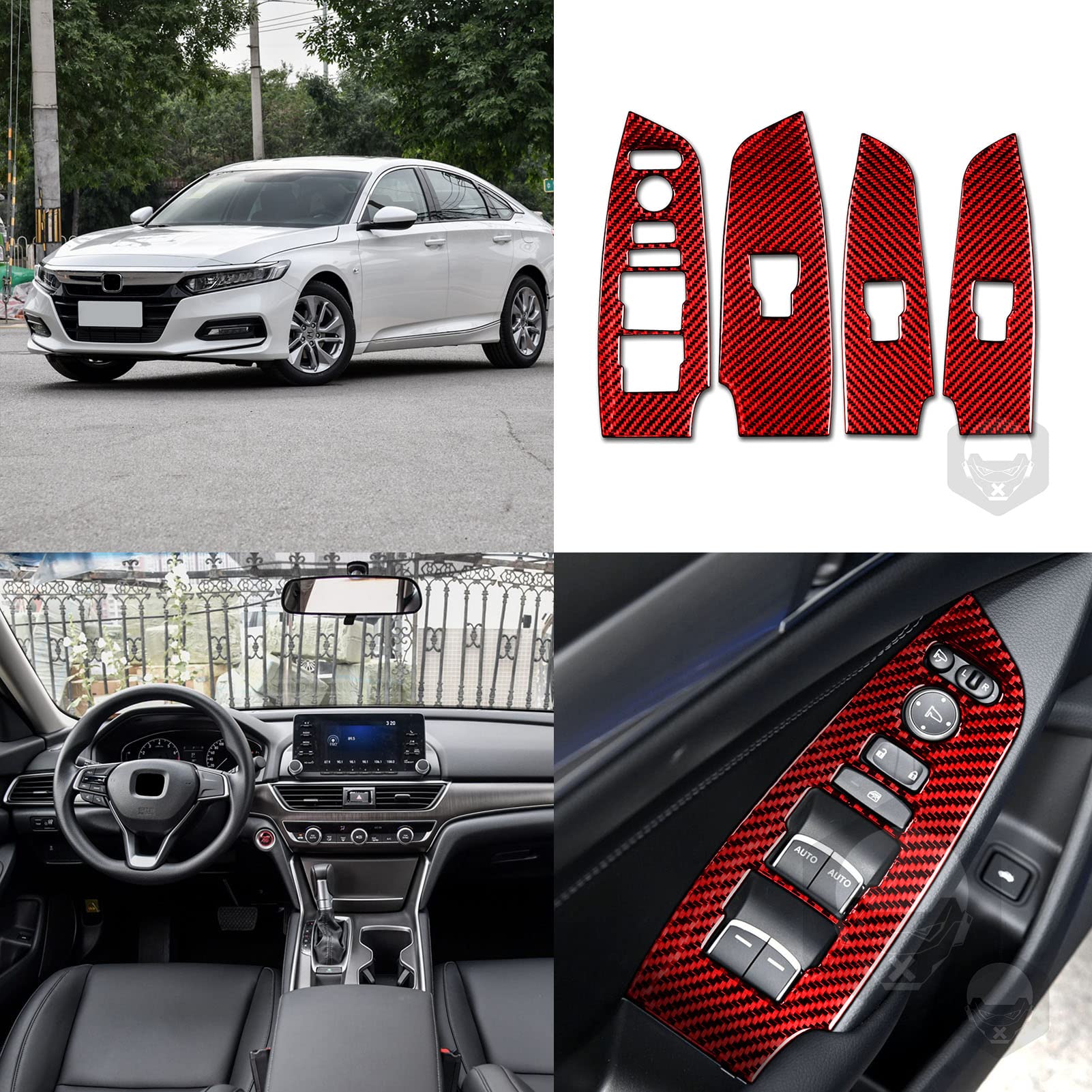 Carbon Fiber Window Switch Panel Cover for 2018-2021 Honda Accord 10th Gen - 4-Piece Set Interior Accessories (Red, Left-Hand Drive) | Upgrade Your Car Interior & Enhance Driving Experience
