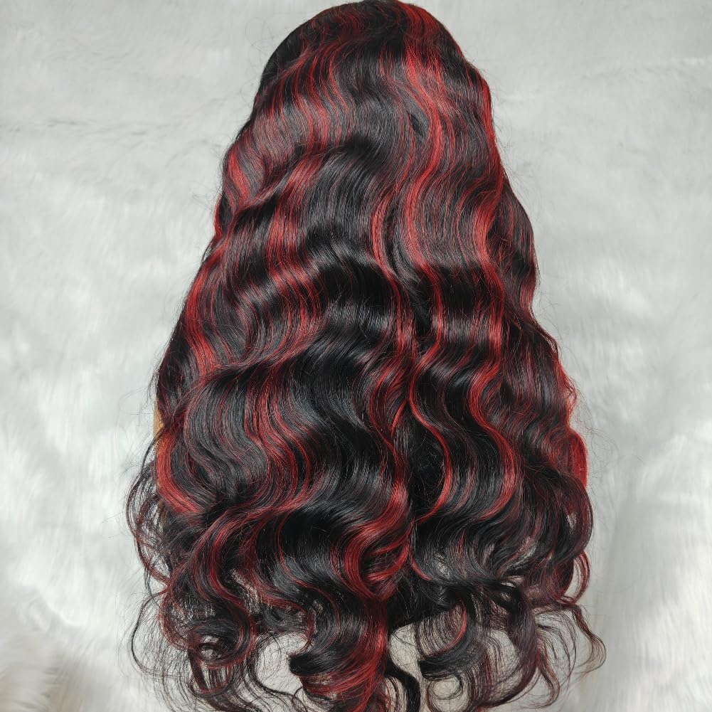 13x4 Transparent HD Lace Front Wig - Brazilian Human Hair with Pre-Plucked Remy Wine Red Ombre | 180% Density Middle Deep Parting | Red Highlight Body Wave Virgin Hair Wigs for Women | Perfect for Cosplay, Daily Wear & Special Occasions