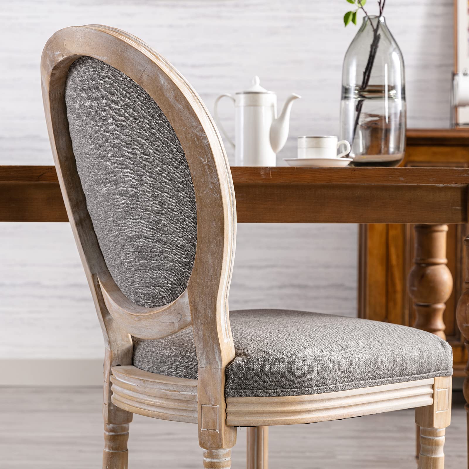Guyou 4-Piece Upholstered Dining Chairs Set - Distressed Driftwood French Country Vintage Style with Round Fabric Back, Grey - Perfect for Kitchen, Dining Room & Living Room Accent Seating