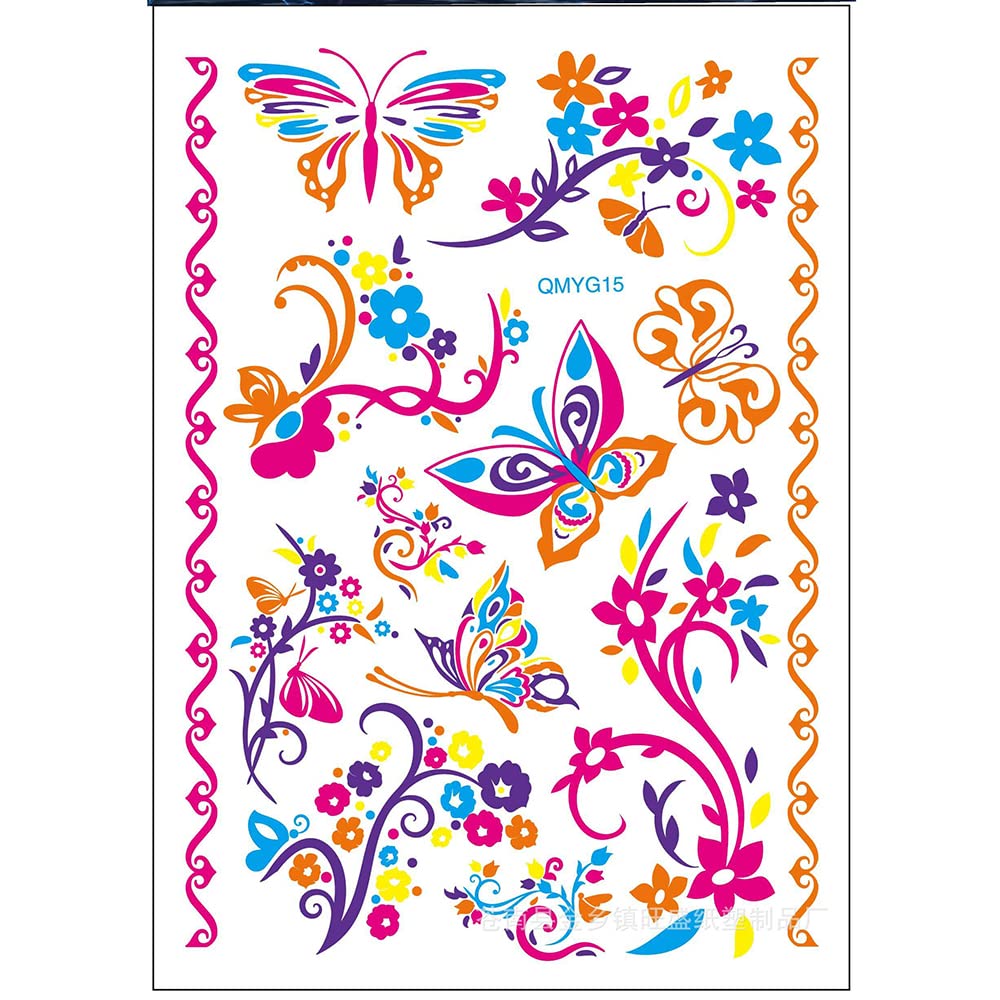UV Neon Temporary Tattoos for Men & Women - Waterproof Fake Tattoo Stickers (21x15cm) | S.A.V.I Body Art with Plants & Butterflies Designs for Parties, Festivals & Self-Expression