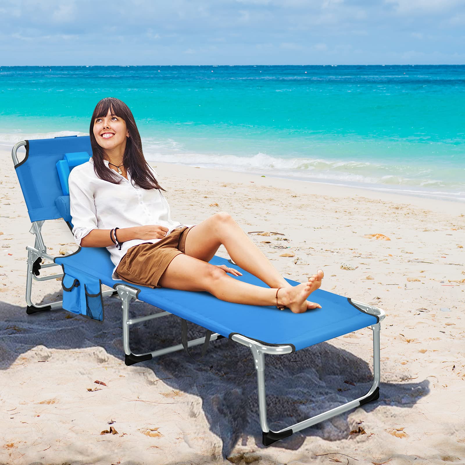 **Tangkula Adjustable Reclining Beach Chair with Face Hole & Side Pocket - Portable Folding Sun Lounger for Poolside, Backyard, Patio - Perfect for Tanning, Sunbathing & Relaxing Outdoors (2-Pack)**
