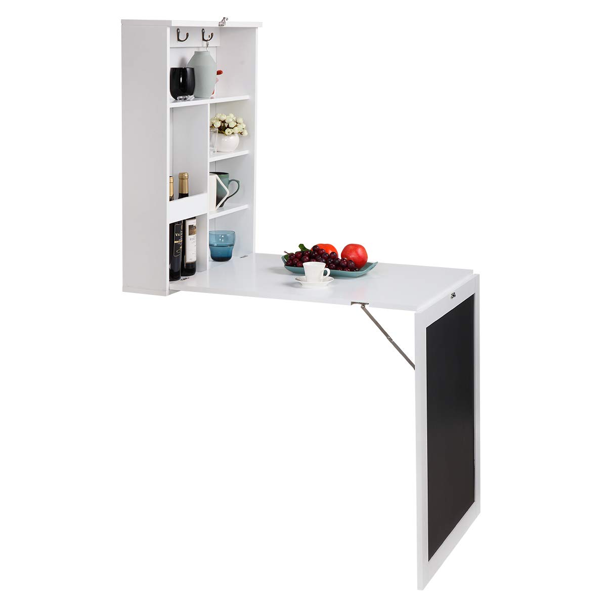 Foldable Wall Mounted Desk with Storage Compartments & Blackboard - Modern Floating Folding Workstation for Home Office, Living Room - White | Space-Saving Laptop Desk for Small Apartments & Dorm Rooms