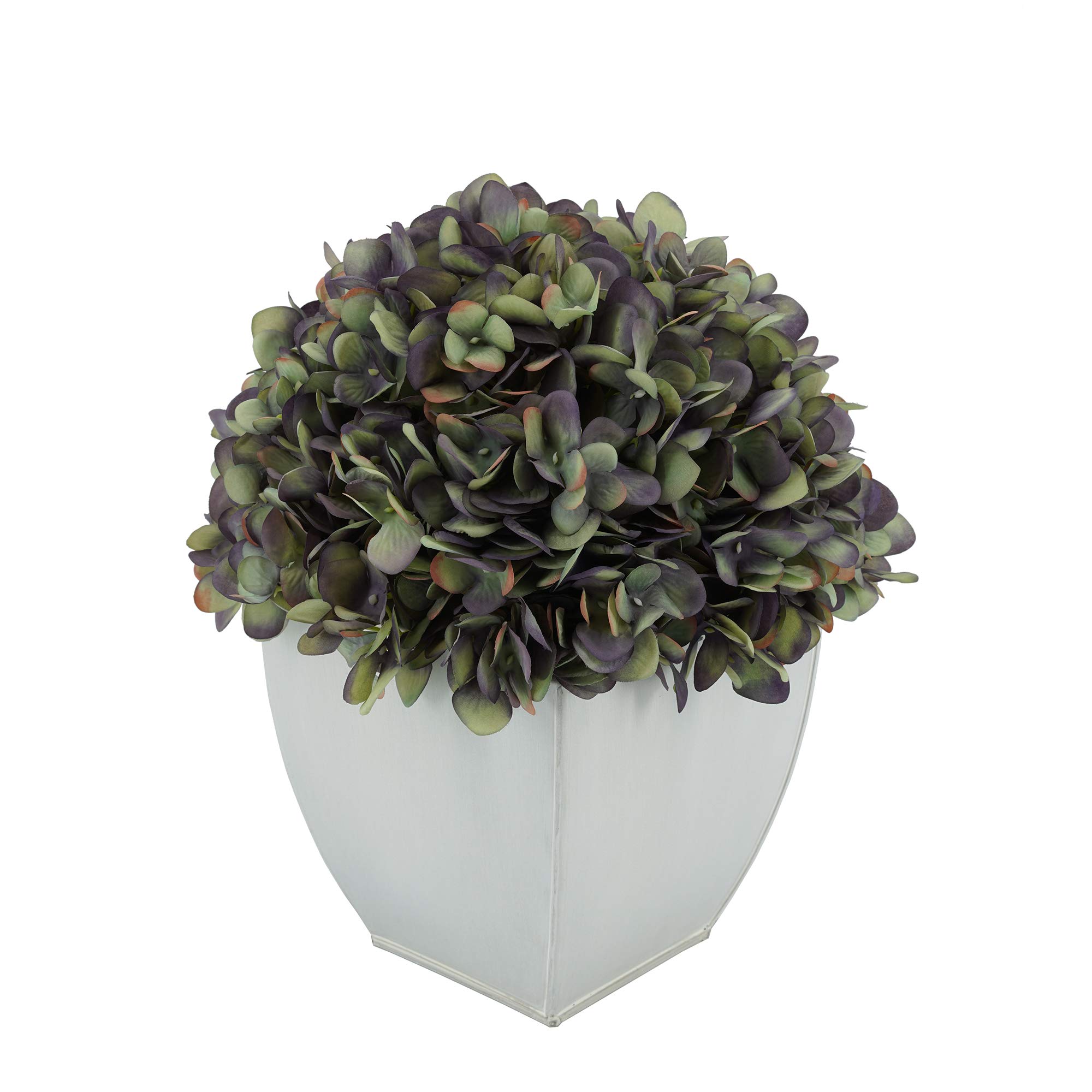 Artificial Hydrangea Silk Flowers in Antique Purple - Cream Tapered Zinc Cube Vase - Perfect for Home Decor, Wedding Centerpieces & Office Table Arrangements