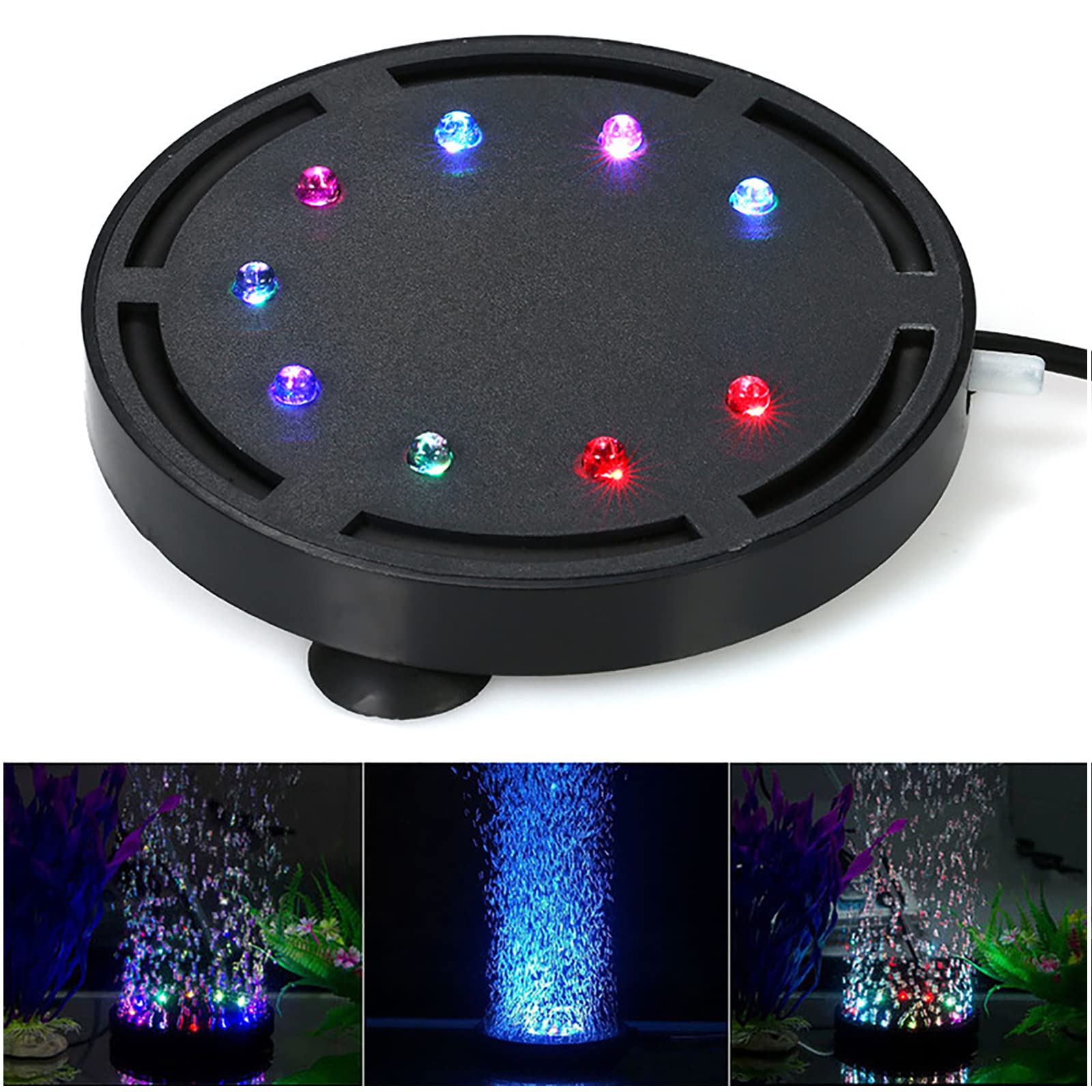4.12 Inch 9 LED Submersible Aquarium Light with Bubble Stone - Underwater LED Air Stone Disk for Fish Tank Decoration - Creates Small Bubbles Without Air Pump - Perfect for Freshwater & Saltwater Tanks, Home or Office Aquariums