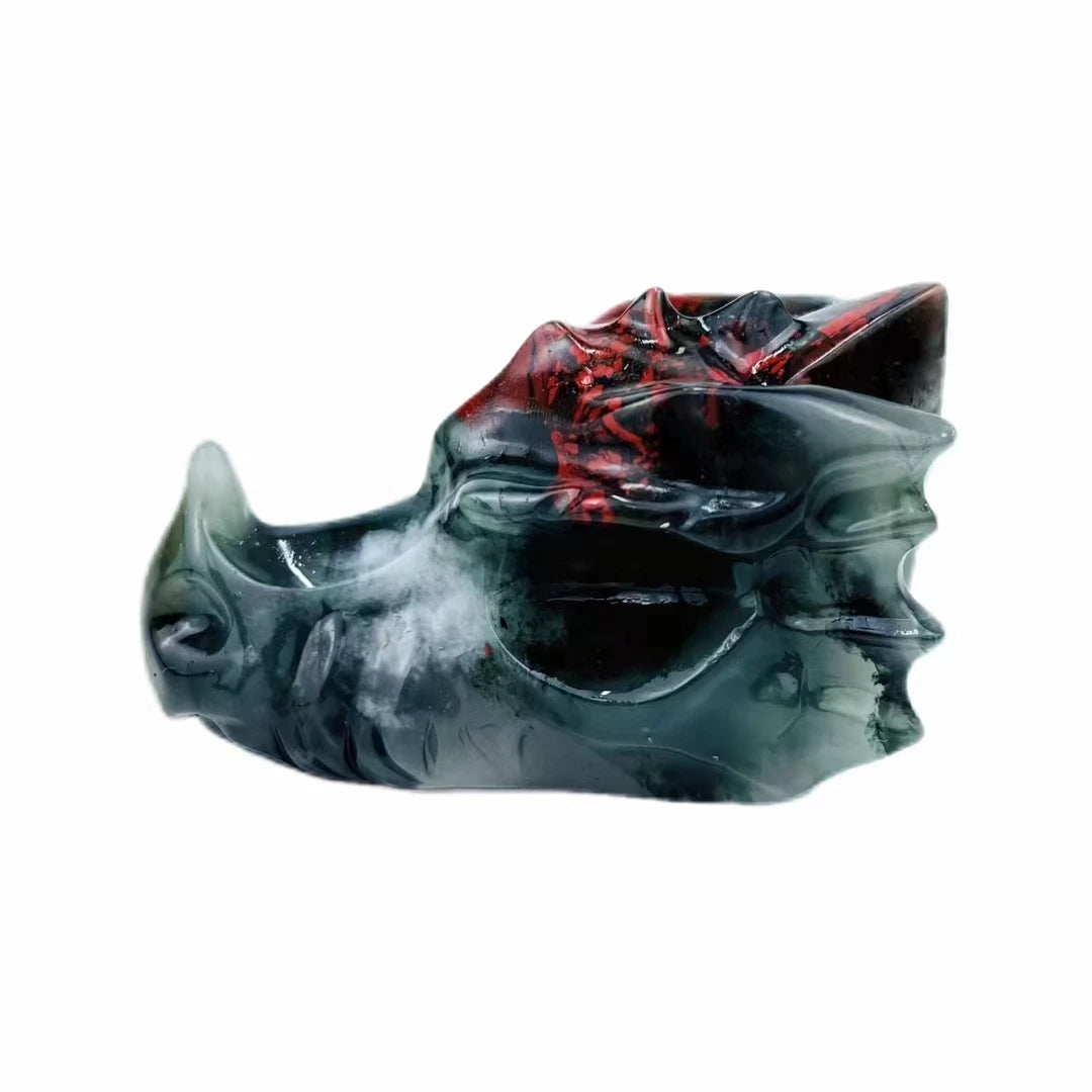 Hand-Carved Natural Crystal Dragon Skull Sculpture - Bloodstone Collectible Art Piece for Home Decor, Office Display & Unique Gift Idea