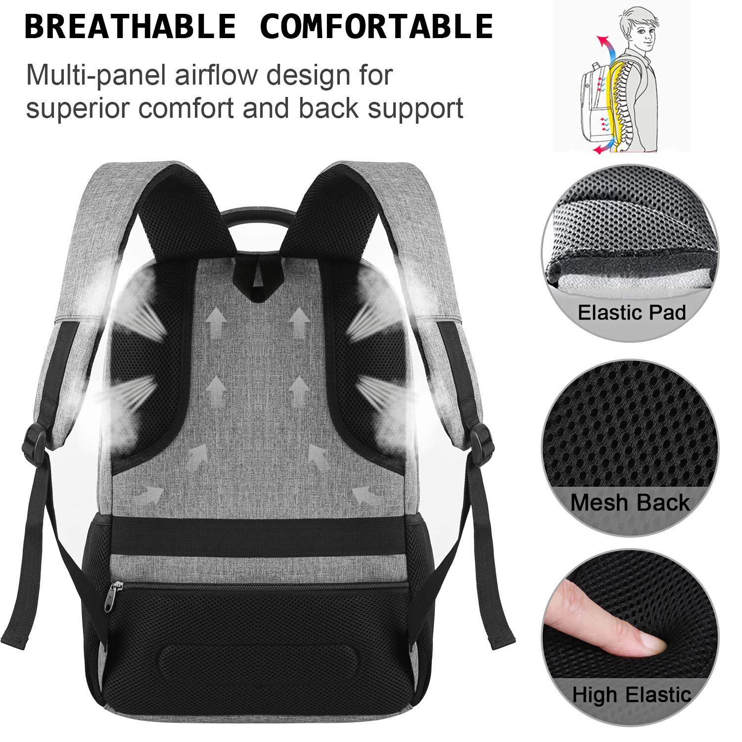 Laptop Backpack for Business Travel - Anti-Theft Slim Durable USB Charging Port Water Resistant College Computer Bag for Women & Men Fits 15.6 Inch Laptop & Notebook - Grey - Ideal for Commuting, Work & School