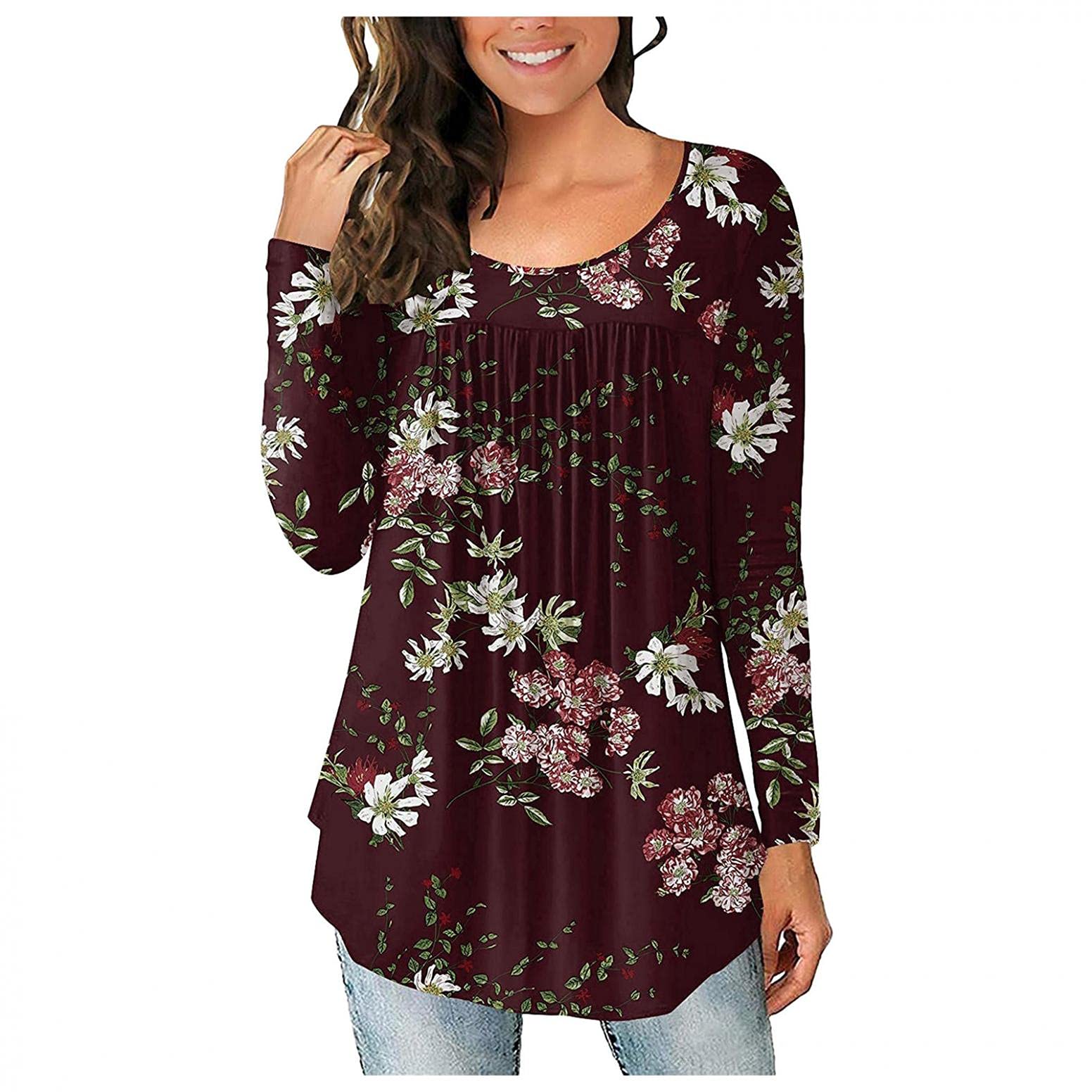 POLLYANNA KEONG Women's Long Sleeve Casual Blouse - Ruffle Tunic Top with Pleated Flare & Henley Neckline | Perfect for Office, Date Night & Fall Layering