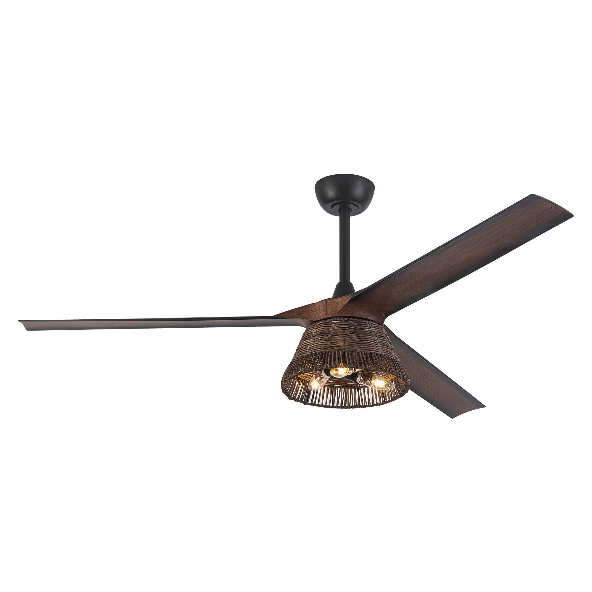 Parrot Uncle 60 Inch Farmhouse Ceiling Fan with Light & Remote Control - Rustic Rattan Cage Design, 3 Speed Settings, Black/Brown Finish - Perfect for Living Room, Bedroom, or Outdoor Covered Patio