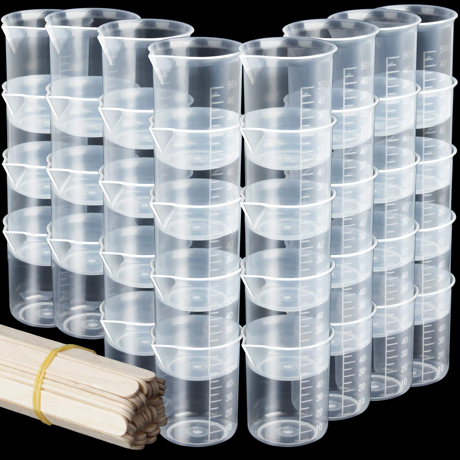 LEOBRO 50ml/1.7oz Epoxy Mixing Cups - 38PCS Graduated Resin Measuring Cups with 40 Wooden Sticks for Epoxy Resin, Acrylic Paint & Art Projects - Perfect for DIY Crafts, Jewelry Making & Home Decor