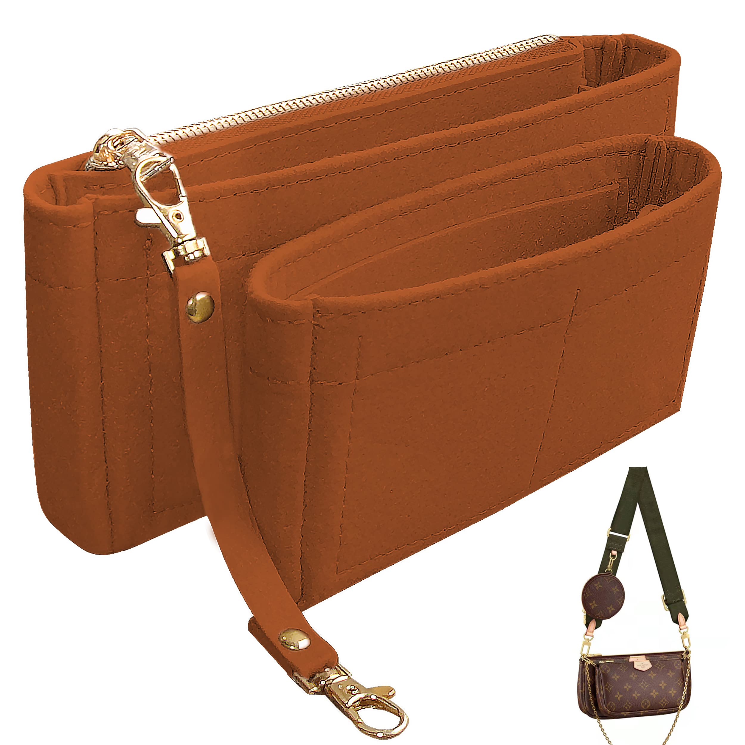 Soyizom Handbag Organizer Insert - 2 Pack Tote Bag Organizer with Zipper Pocket & Keychain - Perfect Fit for Multi Pochette Accessories Bag Series (Brown) | Keep Your Purse Neat & Organized for Work, Travel & Daily Use
