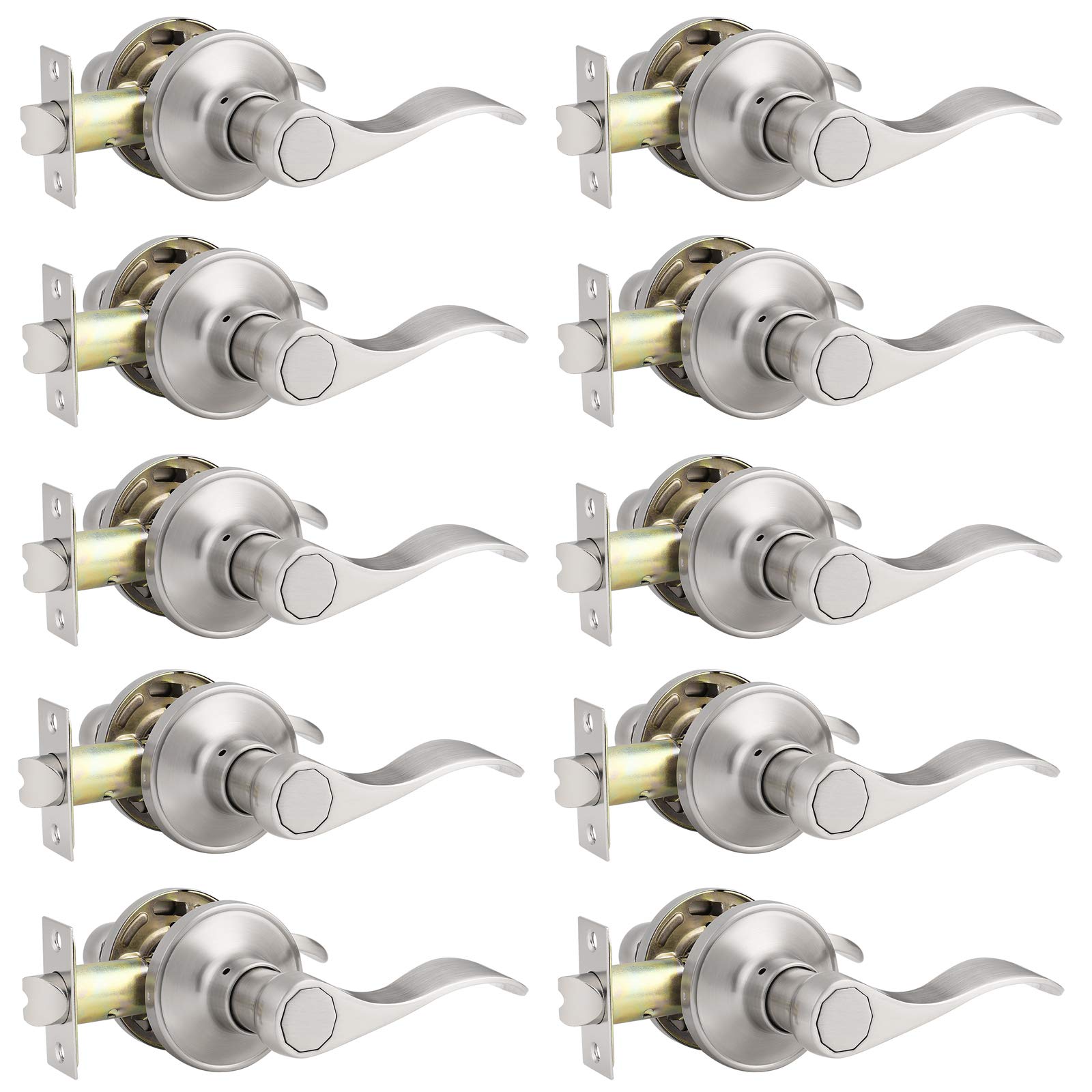 10-Pack Wave Style Door Levers - Brushed Nickel Hall Closet Passage Handles - Stainless Steel Handleset for Interior Doors - Perfect for Bedrooms, Bathrooms & Cabinets