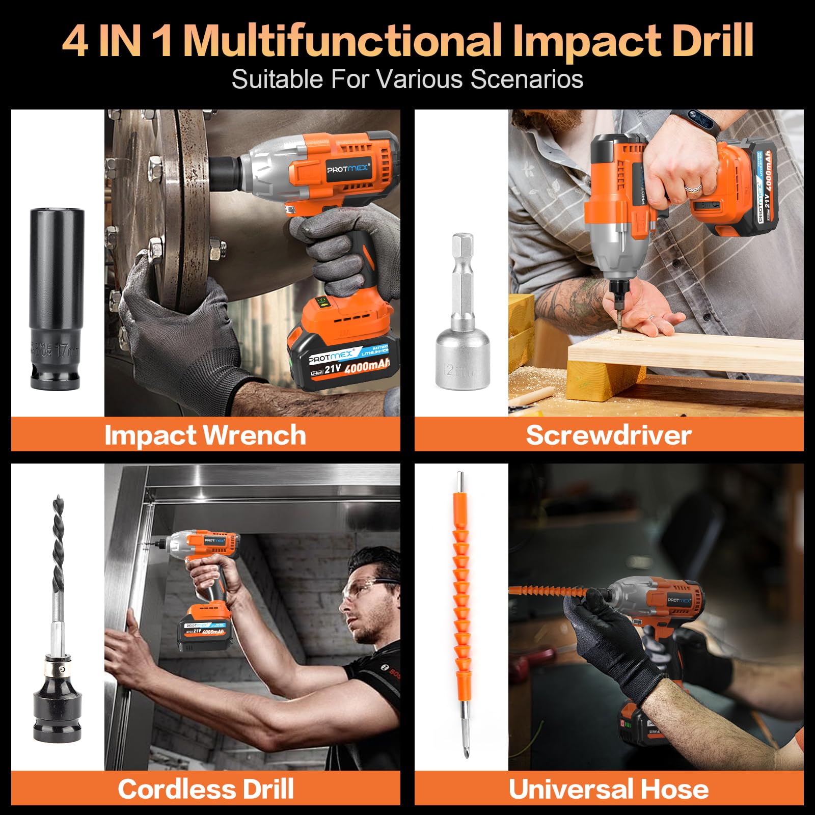 21V Cordless Impact Wrench with 2x 4.0Ah Battery - 665Ft-Ibs (900N.m) Torque, 1/2