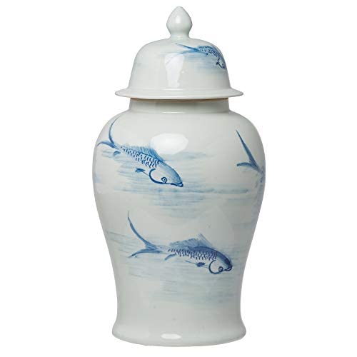 A&B Home Blue & White Porcelain Koi Ginger Jar with Lid - 9.5x19 Inch Decorative Ceramic Vase for Home Decor, Wedding Centerpiece & Asian-Inspired Interior Design