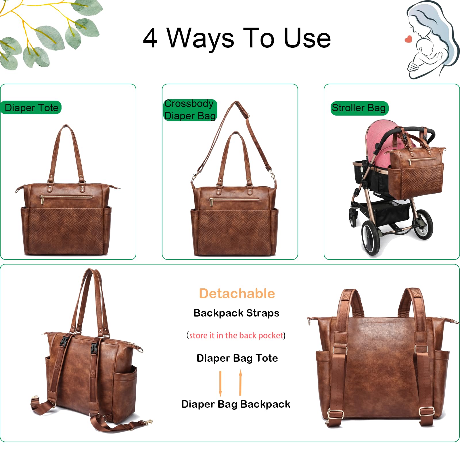 Yomiky Leather Diaper Bag Backpack - Large Capacity Baby Bag with Multiple Pockets for Diapers, Wipes & Essentials | Perfect for Moms, Travel & On-the-Go Parenting