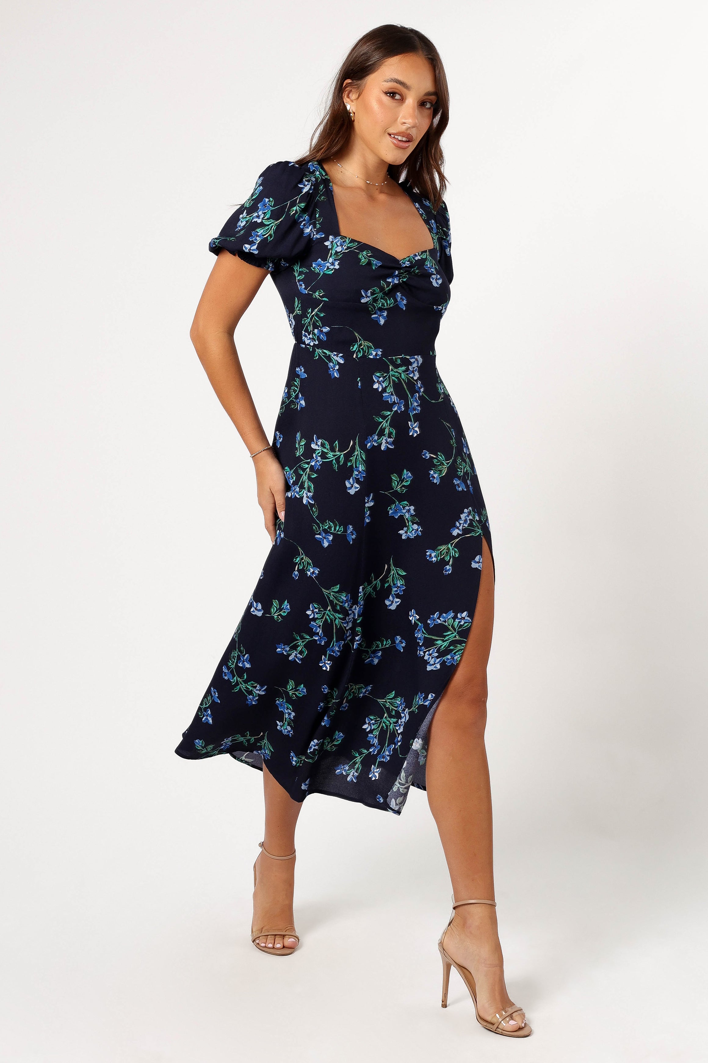 Hendrix Midi Dress for Women - Elegant Navy Blue Flowy Dress with Short Sleeves | Perfect for Casual Wear, Office Outfits, Date Nights & Special Occasions