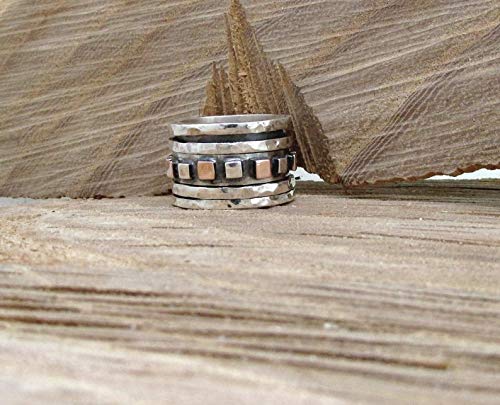 Gold and Silver Square Spinner Rings for Women - Chunky Designer Hammered Wide Band Ring - Perfect Anniversary Gift for Her - Ideal for Everyday Wear, Special Occasions, and Stress Relief