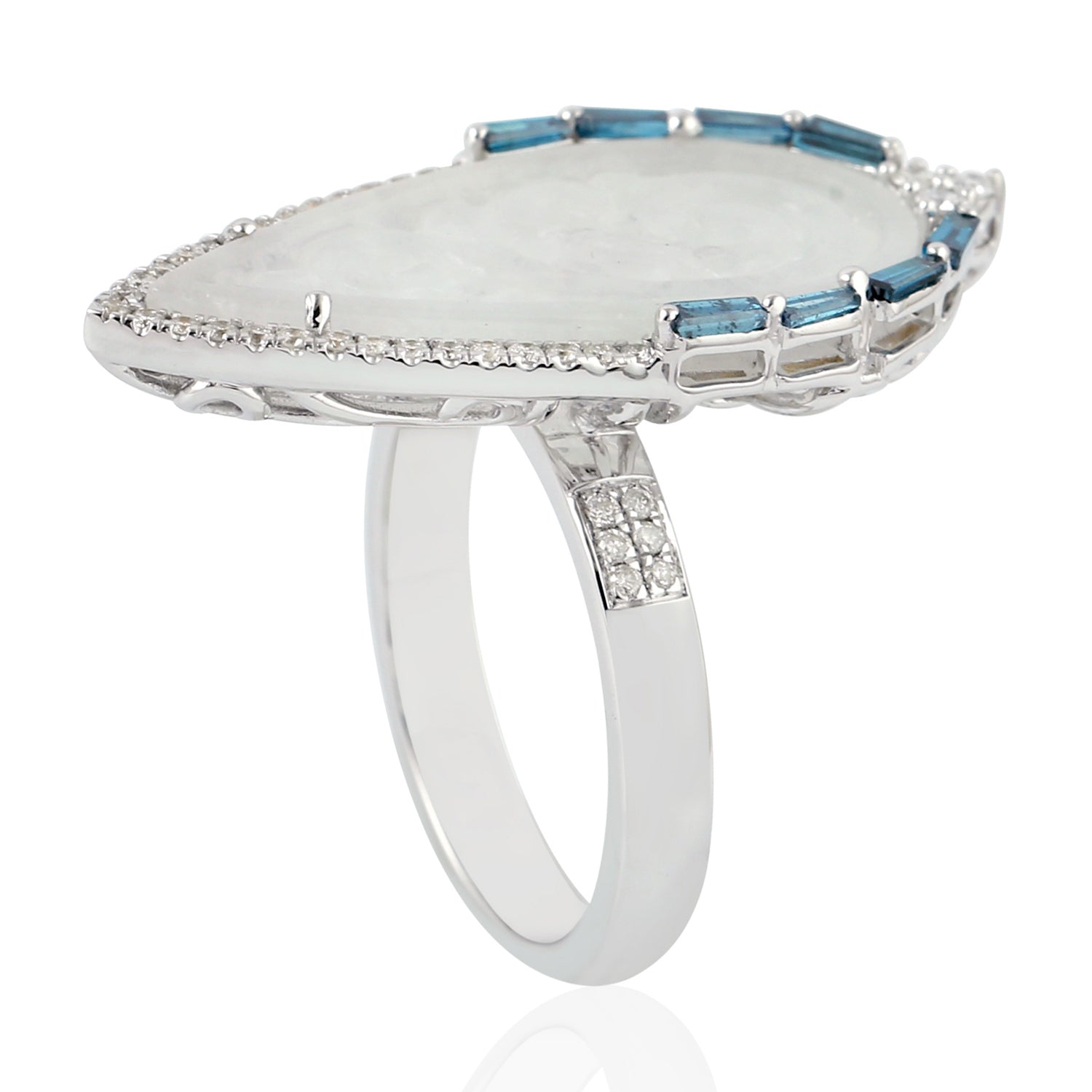 Exquisite 18K White Gold Baguette Cut Diamond & Jade Filigree Long Ring for Women | Elegant Statement Jewelry for Weddings, Parties & Special Occasions
