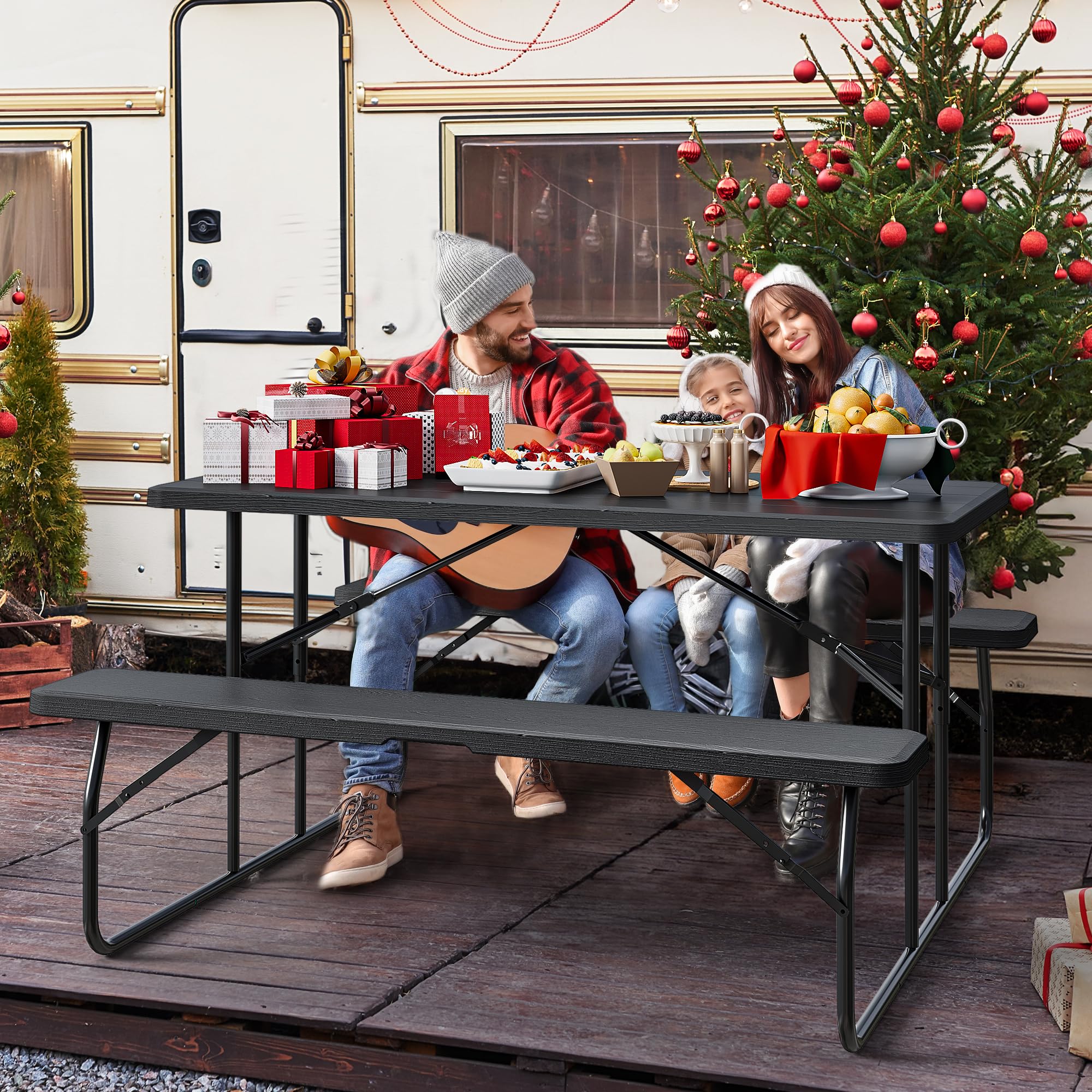 YITAHOME Folding Picnic Table with Benches - Easy Assembly Steel Frame & Wood-Like Tabletop, All-Weather Outdoor Dining Set for Yard, Patio, Lawn, Camping, BBQ Party - Black