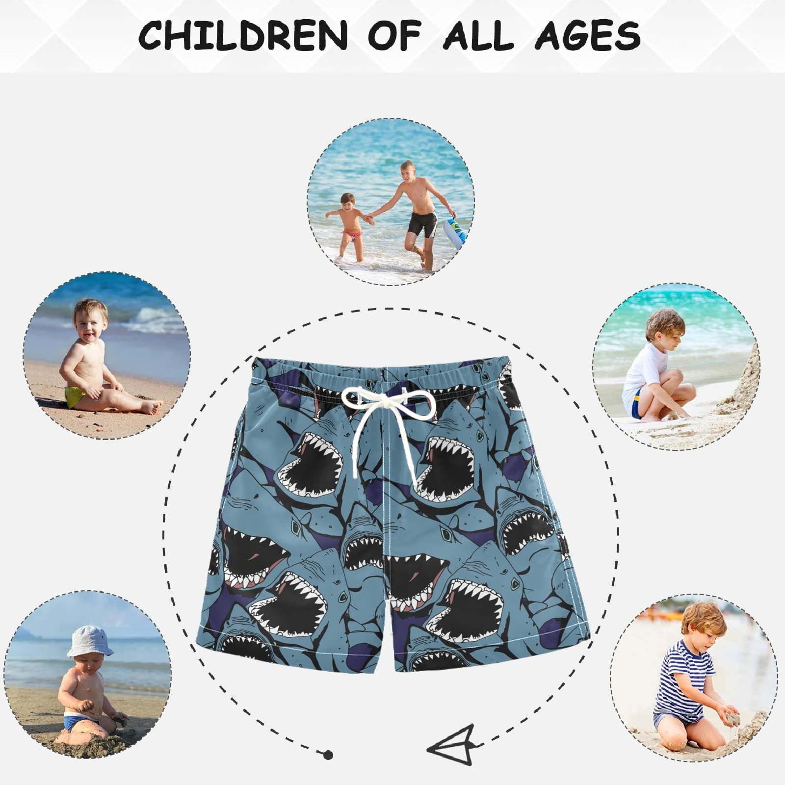 Visesunny Blue Shark Swim Trunks for Boys - Sharp Teeth Animal Print Toddler Bathing Suits & Kids Swimwear | Perfect for Beach, Pool & Summer Water Activities