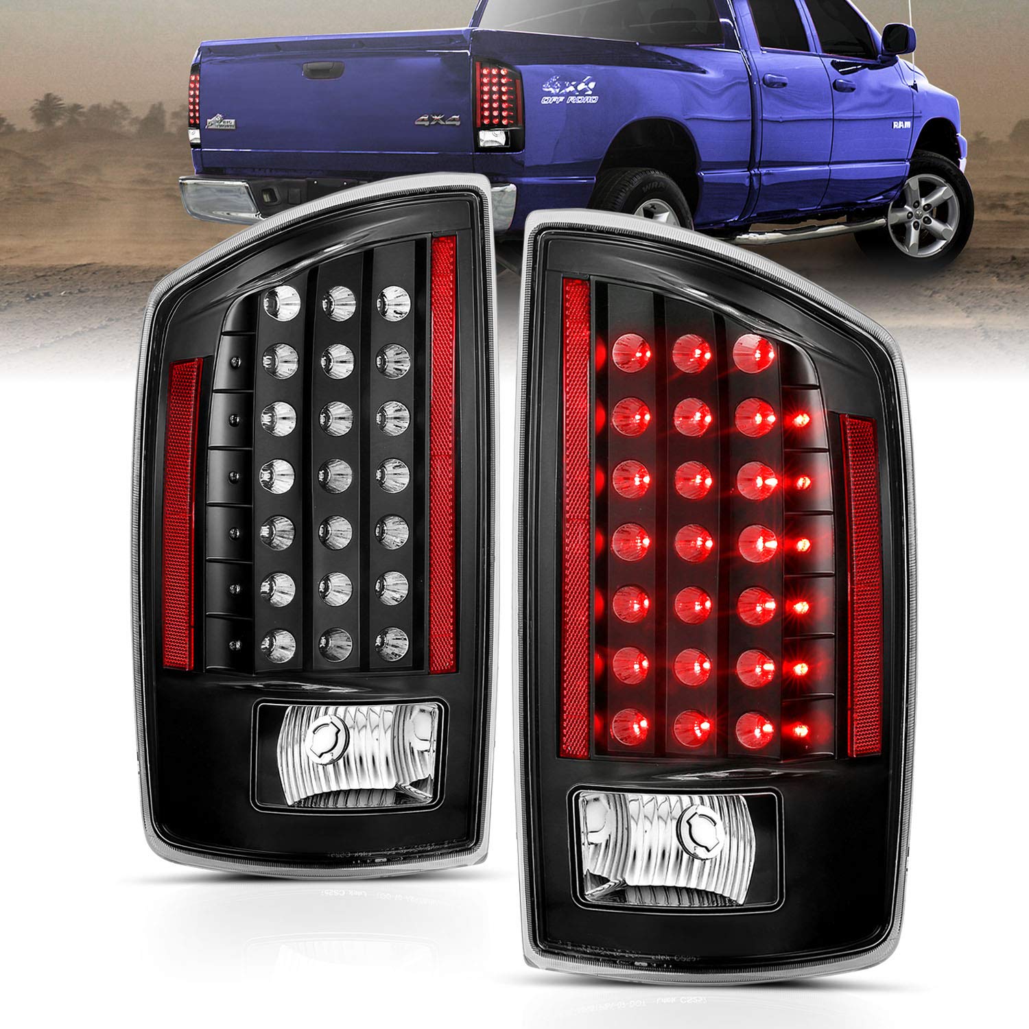 AmeriLite LED Tail Lights for 2007-2008 Dodge Ram 1500 & 2007-2009 Ram 2500/3500 Pickup Truck - Black Replacement Light Set (Pair) - Left & Right Side - Enhance Night Visibility & Safety
