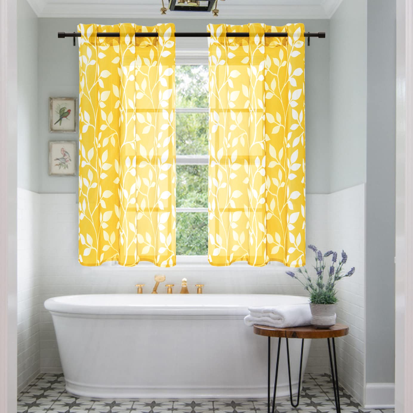 Yellow Kitchen Curtains for Windows - Decorative Sheer Leaf Spring Floral Pattern Sunflower Design, 36 x 48 Inch, Perfect for Bathroom & Kitchen Decor | Brighten Your Home with Cheerful Lemon & Sunflower Accents