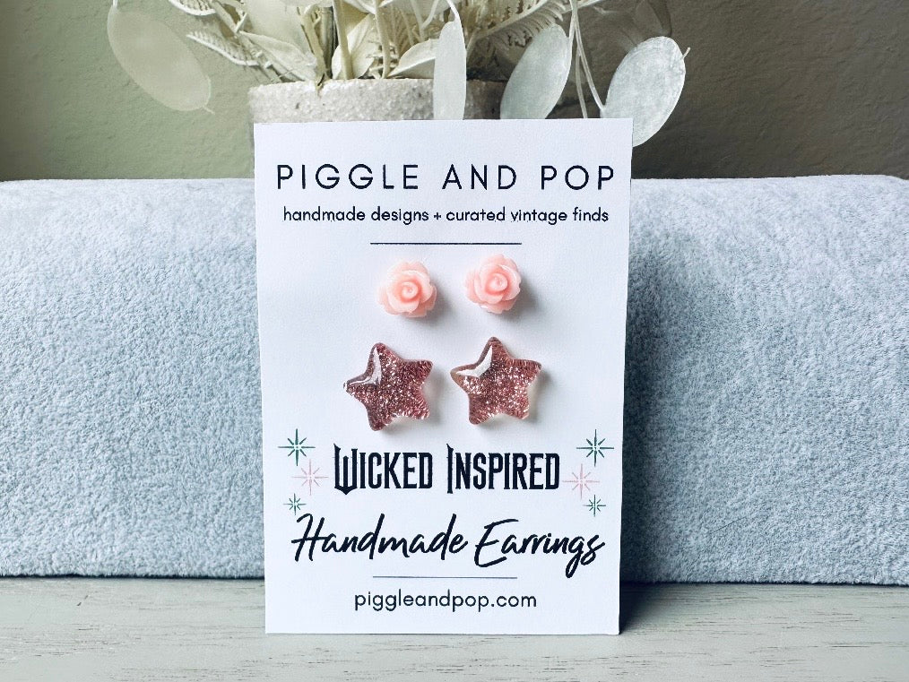 Wicked Inspired Handmade Glitter Star & Rose Post Earrings Set - Boho Chic Jewelry for Women, Perfect for Parties, Weddings & Everyday Wear