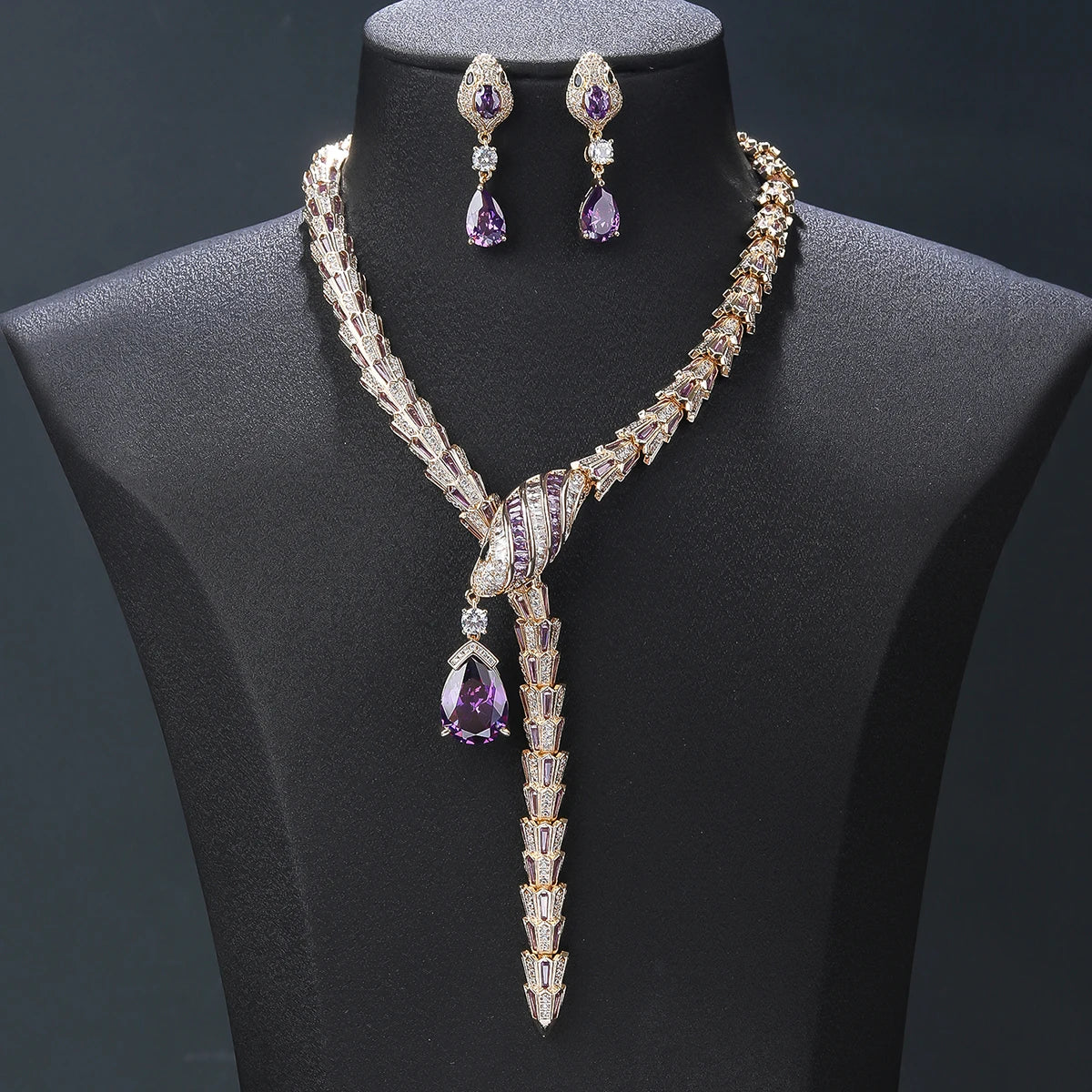 Luxury Cubic Zirconia Snake Necklace & Earrings Set for Women - Animal Jewelry for Party, Evening & Special Occasions - Fashion Costume Accessories CN11527T