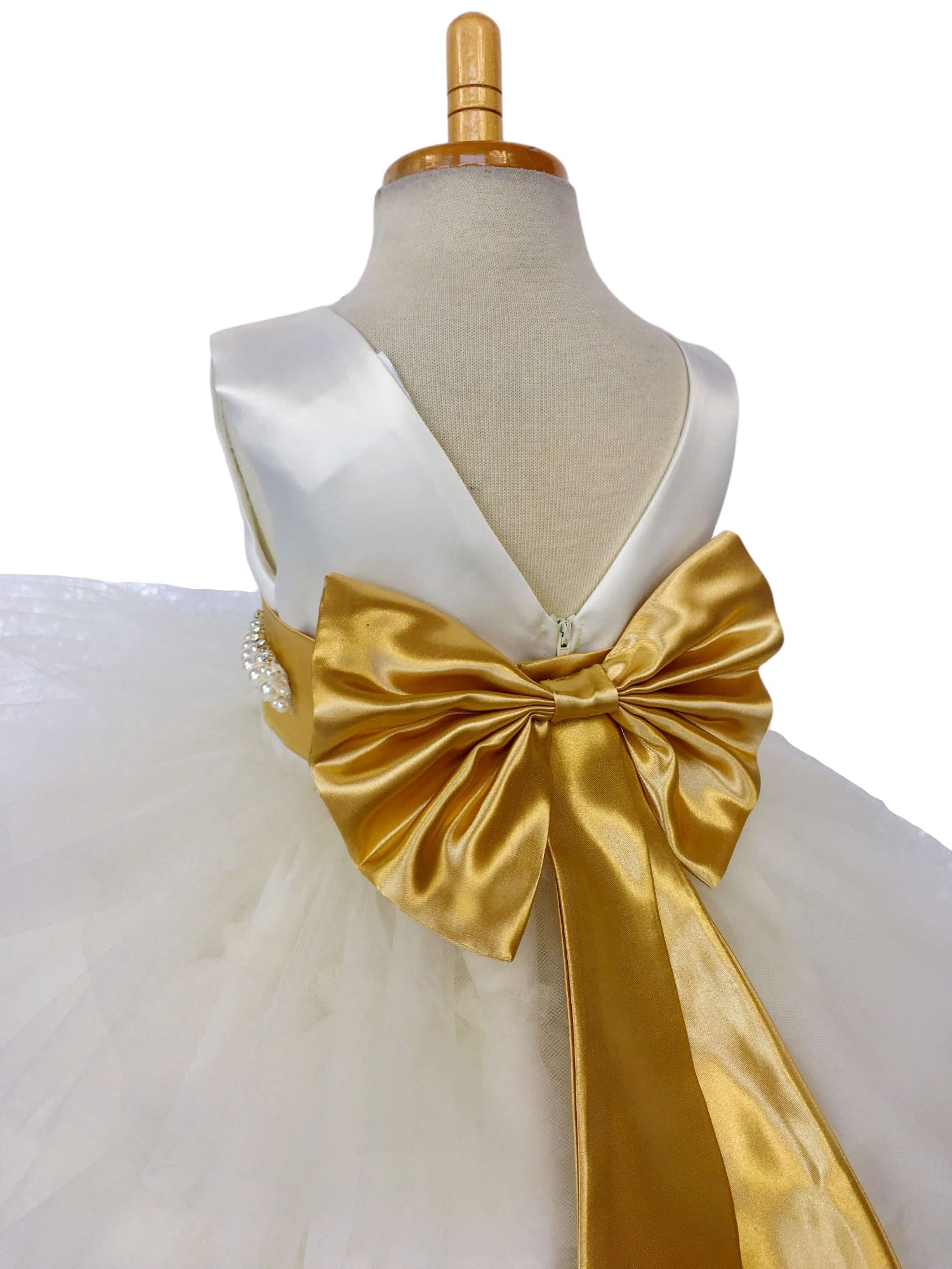 Ivory Sleeveless High-Low Tulle Flower Girl Dress with Ruffle & Gold Accessories - Perfect for Weddings, Birthday Parties & Special Occasions (Size 14)