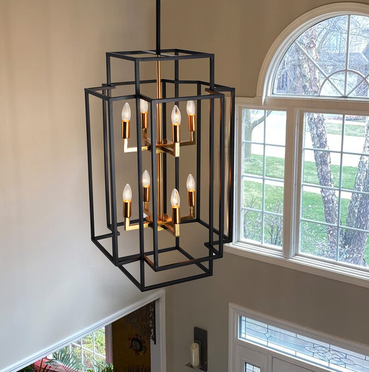 AIWEN 8-Light Farmhouse Chandelier - Square/Rectangle Candle Style Pendant Light with Black & Gold Finish - Rustic Cage Ceiling Fixture for Dining Room, Foyer, Kitchen, Living Room, Cafe & Bar Decor