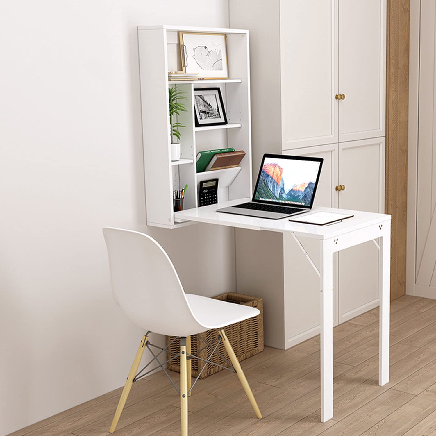Foldable Computer Desk with Blackboard & Storage - Wall Mounted Writing Table for Home Office, Kitchen, Dining Room - Space Saving White Floating Desk for Small Spaces