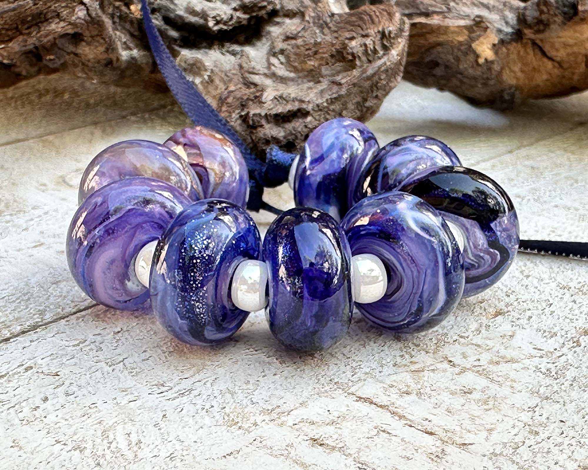 9 Blue Purple Swirl Lampwork Glass Beads Set for Jewelry Making - DIY Bracelet, Necklace & Craft Projects (SRA)