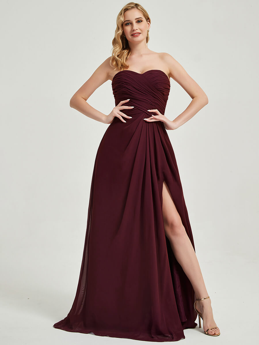 Burgundy Strapless Floor Length Empire Waist Bridesmaid Dress with High Slit - Elegant Formal Gown for Weddings, Prom & Evening Events