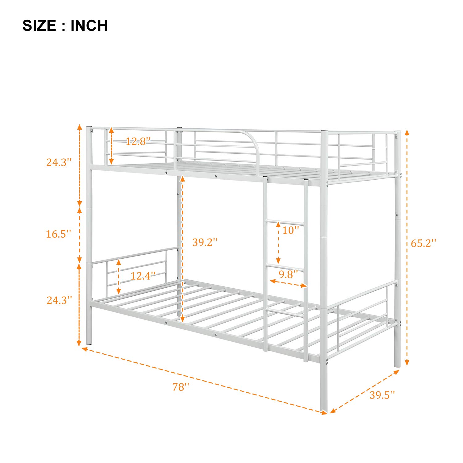 KLMM Twin Over Twin Metal Bunk Bed with Ladder & Guardrails - Convertible to 2 Separate Twin Beds for Kids, Teens & Adults (White) - Perfect for Small Bedrooms, Dorms & Shared Kids' Rooms
