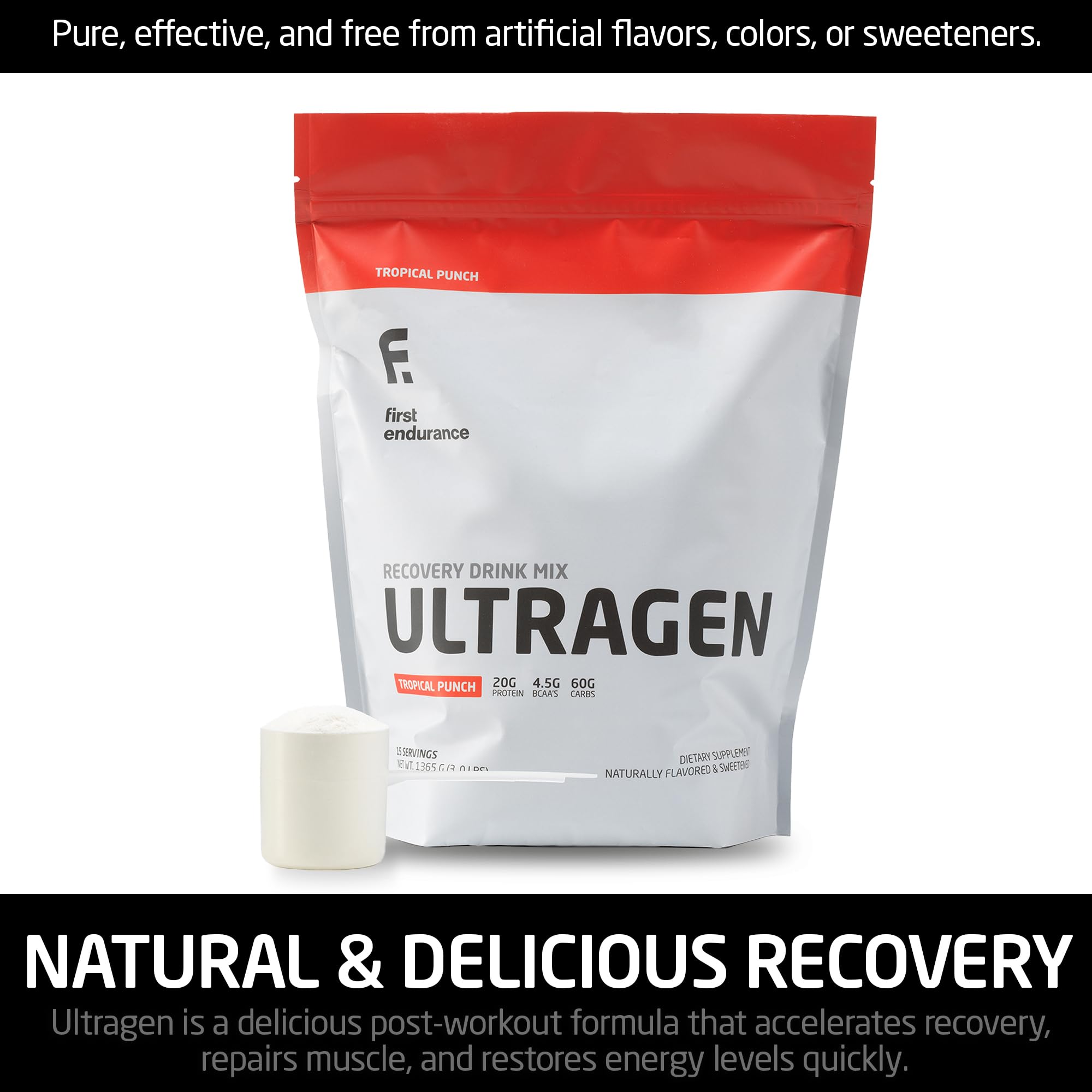 FIRST ENDURANCE Ultragen Post-Workout Recovery Drink Powder - Protein Mix for Energy Boost & Faster Muscle Recovery | Tropical Punch Flavor, 15 Servings | Ideal for Athletes, Gym Enthusiasts & Fitness Recovery